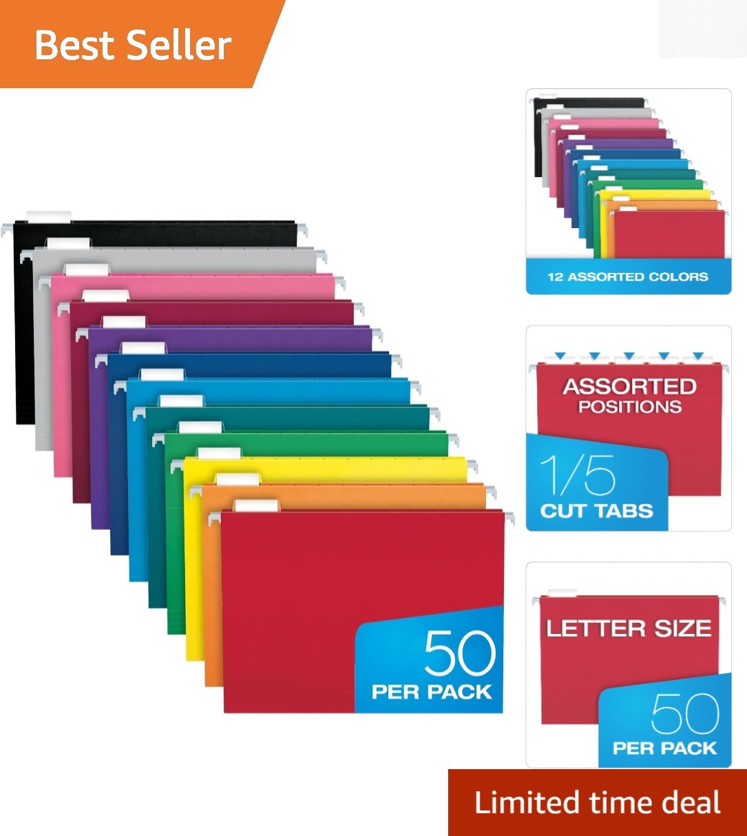 Bright & Colorful 50 Pack Hanging File Folders with Adjustable Tabs - 8.5 x 11