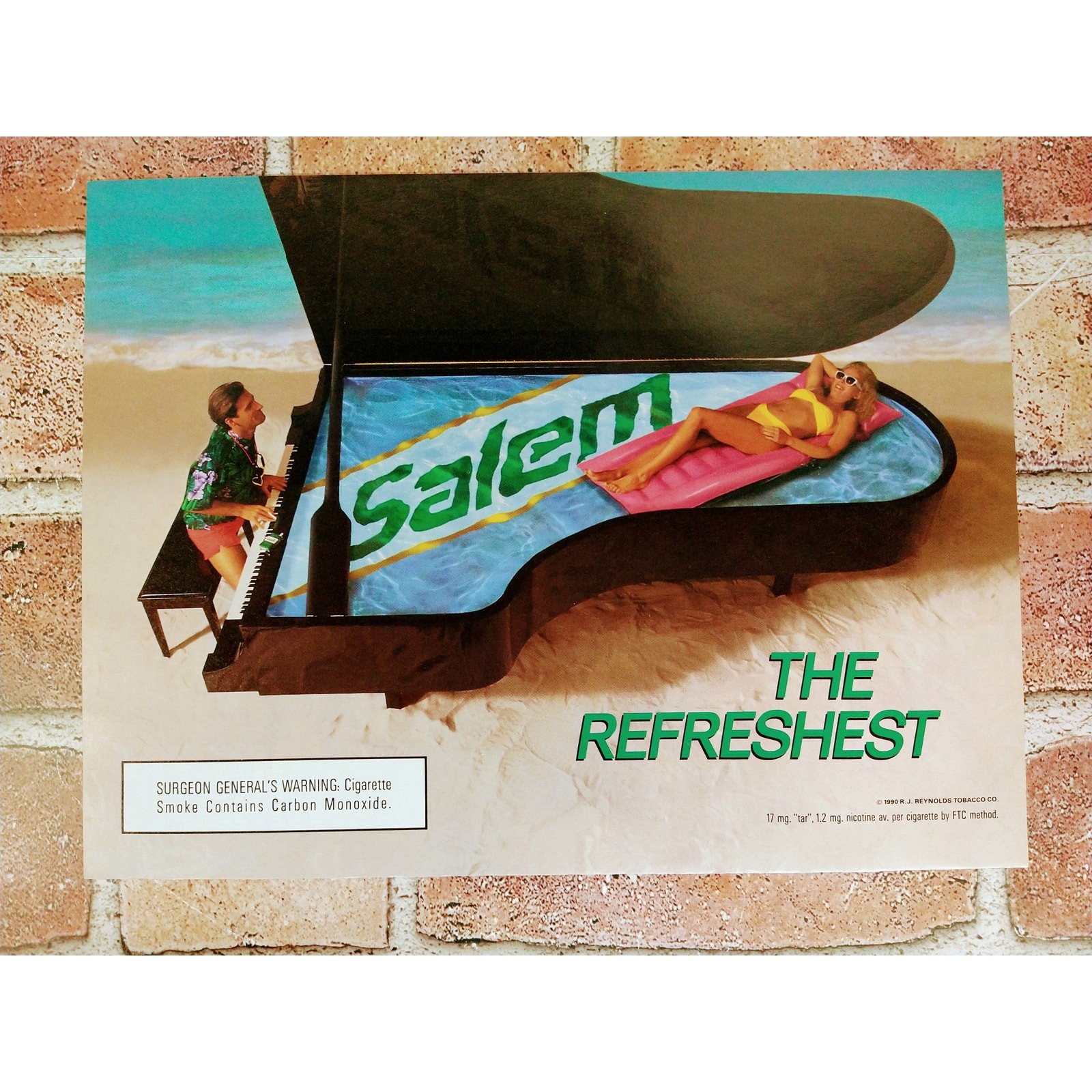Salem - Man Playing Grand Piano on Beach - Woman on Floatie - 1990 Vtg PRINT AD