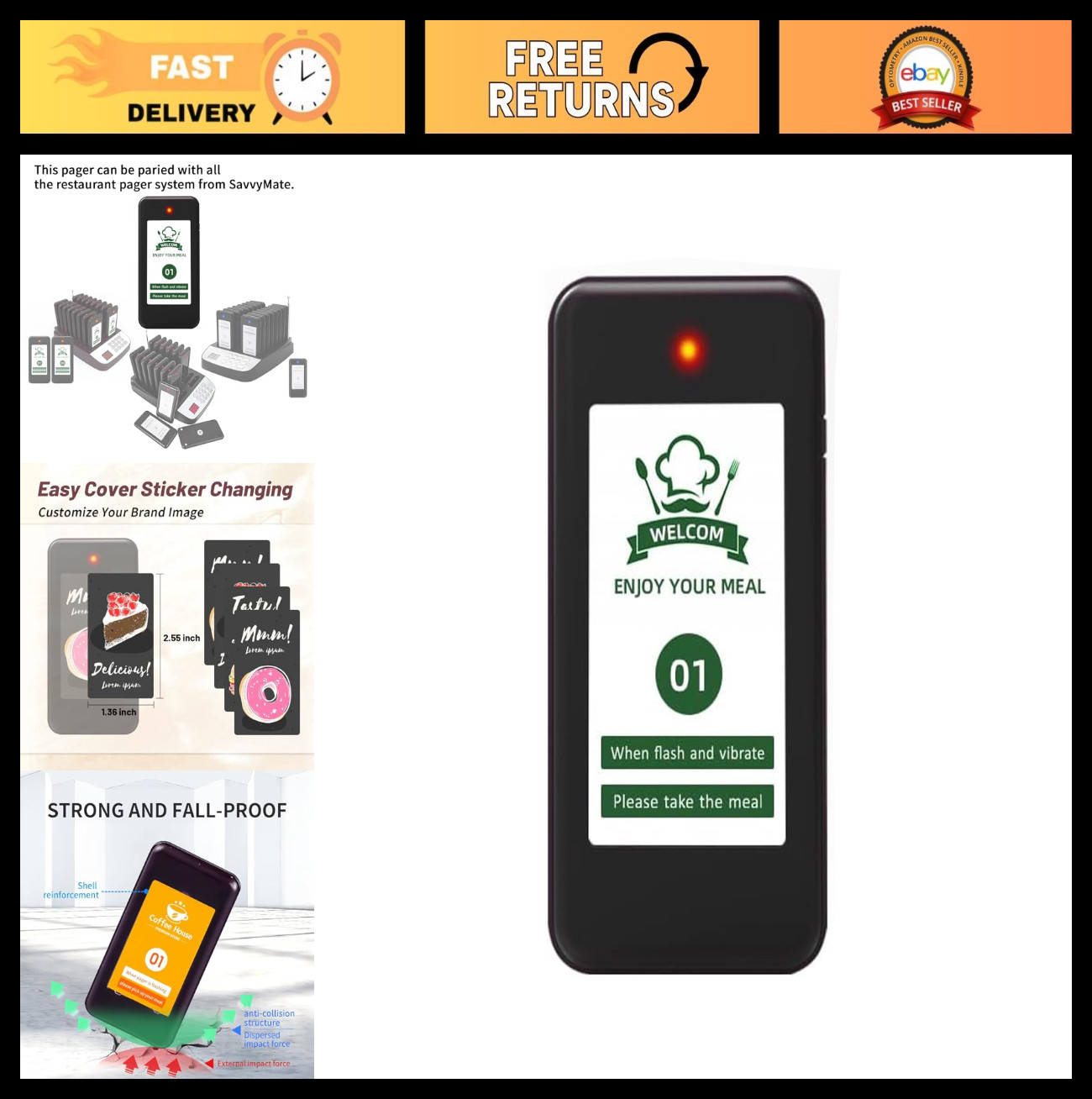 Rechargeable Restaurant Pager Buzzer for Food Truck, Nursery, Hospital, Church