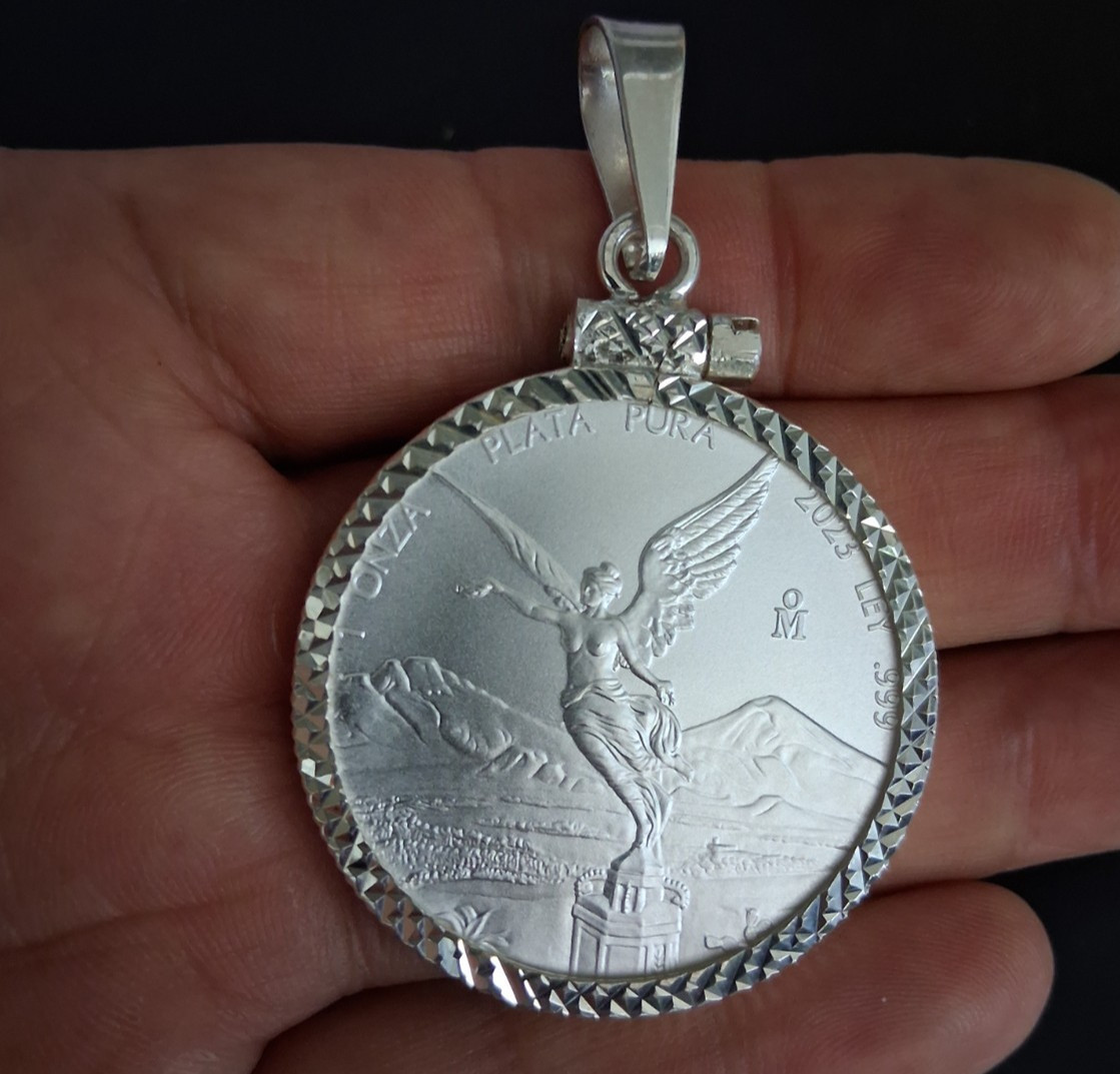 moneda de 1 onza y bizel  de plata 925 plata real autentica y marcada Mexicana