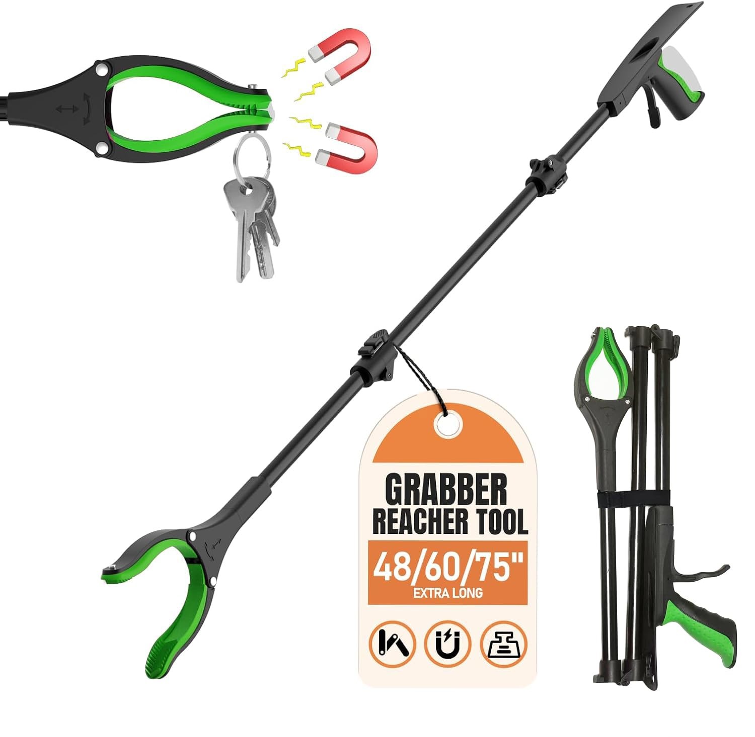 Extra Long Grabber Reacher Tool, 48" Aluminum Foldable Reacher Grabber, Dual ...