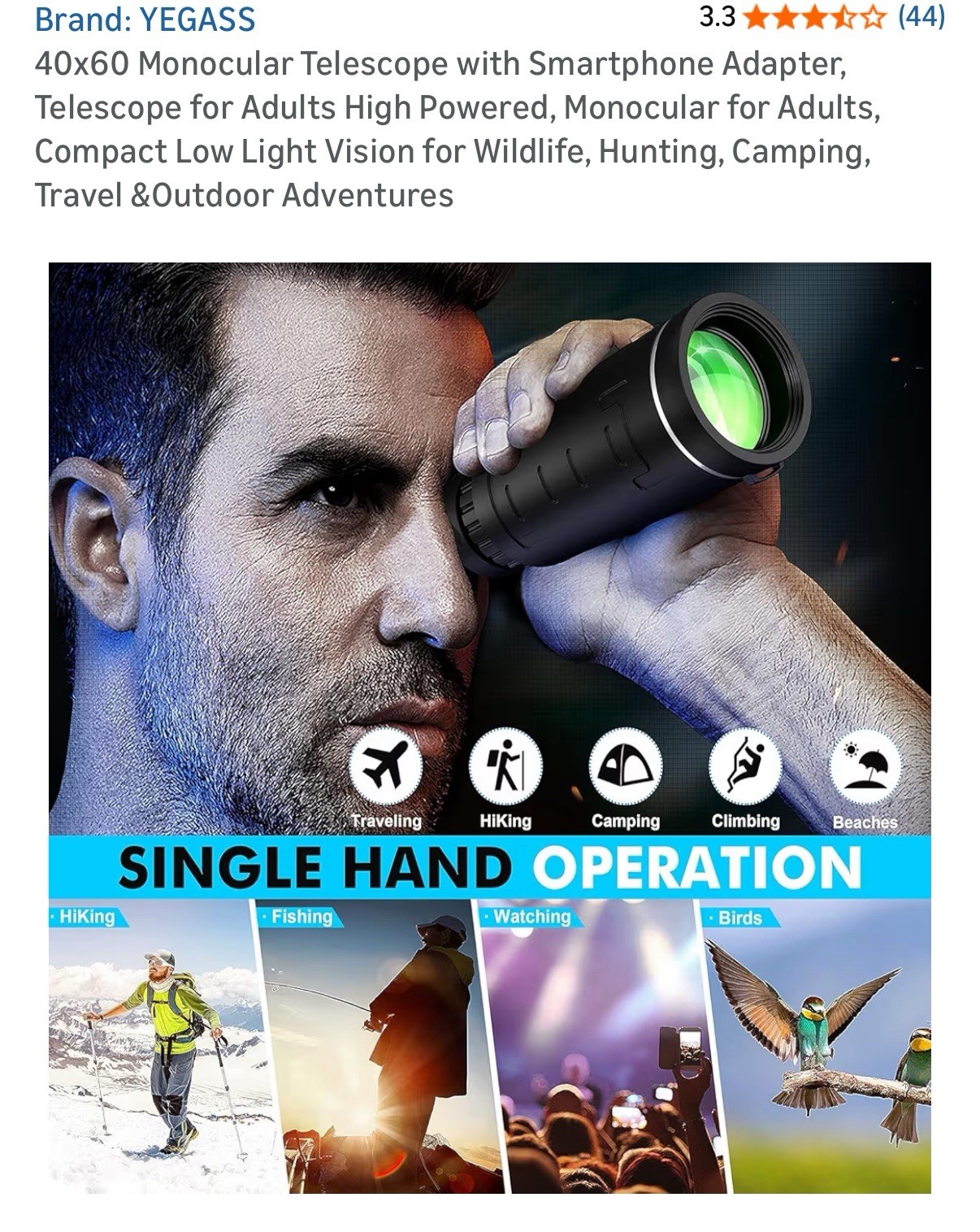 40x60 High Definition Monocular Telescope with Smartphone Adapter High Powered
