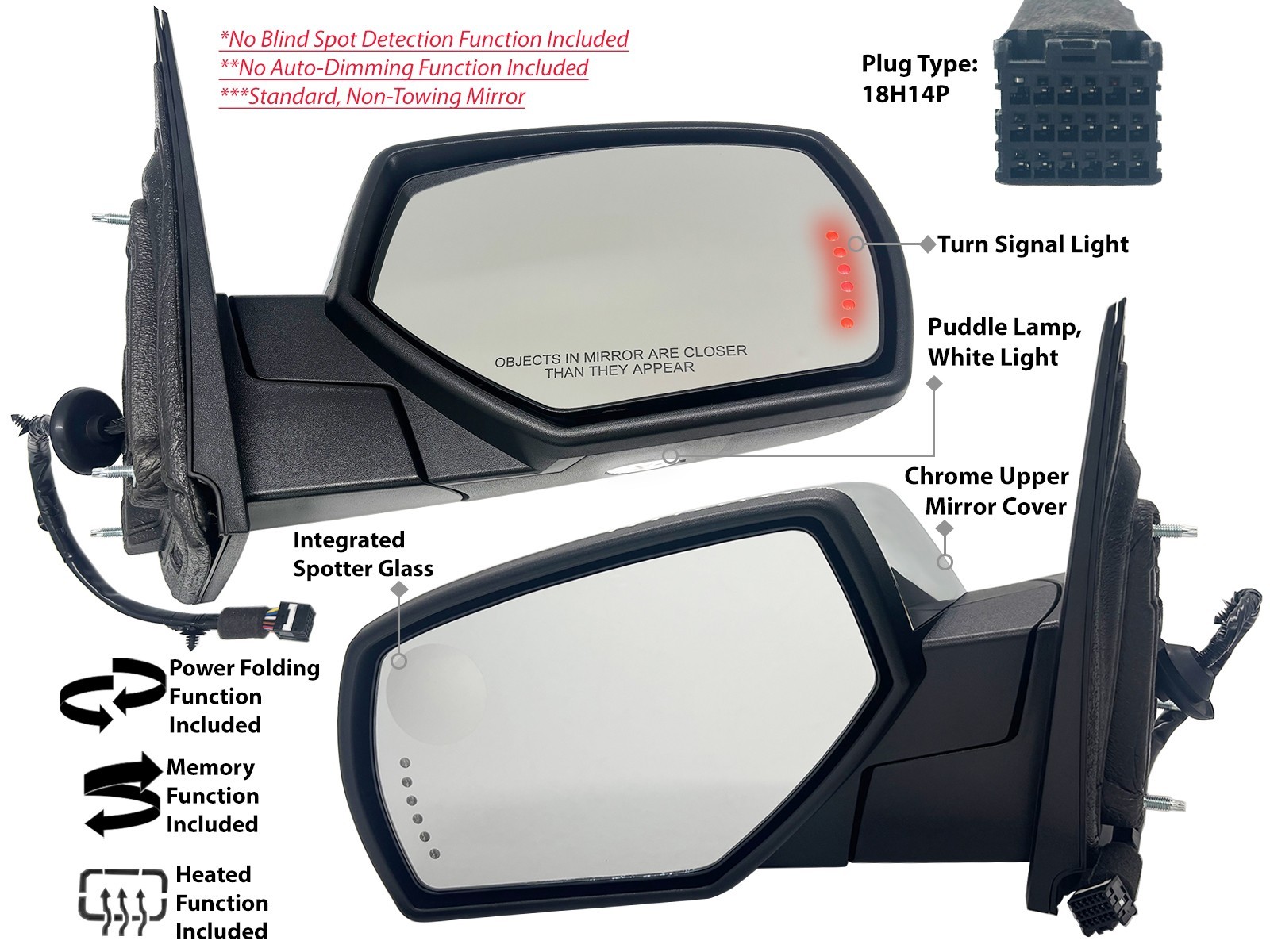 Power Folding Mirror for GM Pickup 2014-2018 Memory Puddle Signal 2 Pieces Pair