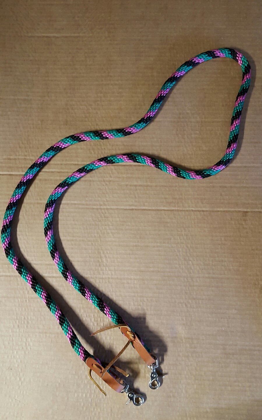 green/blac/pink 86"Amish made HORSE POLY ROPING REINS W/ LEATHER LACES LOOP ENDS