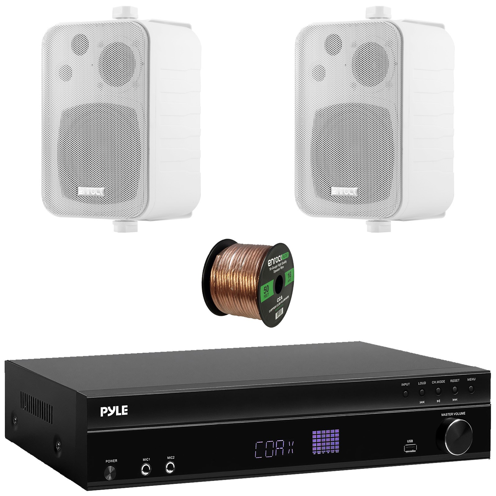 Pyle PT875BT Home Theater Amp Receiver, 2x 4" 30W Max White Box-Speakers, Wire
