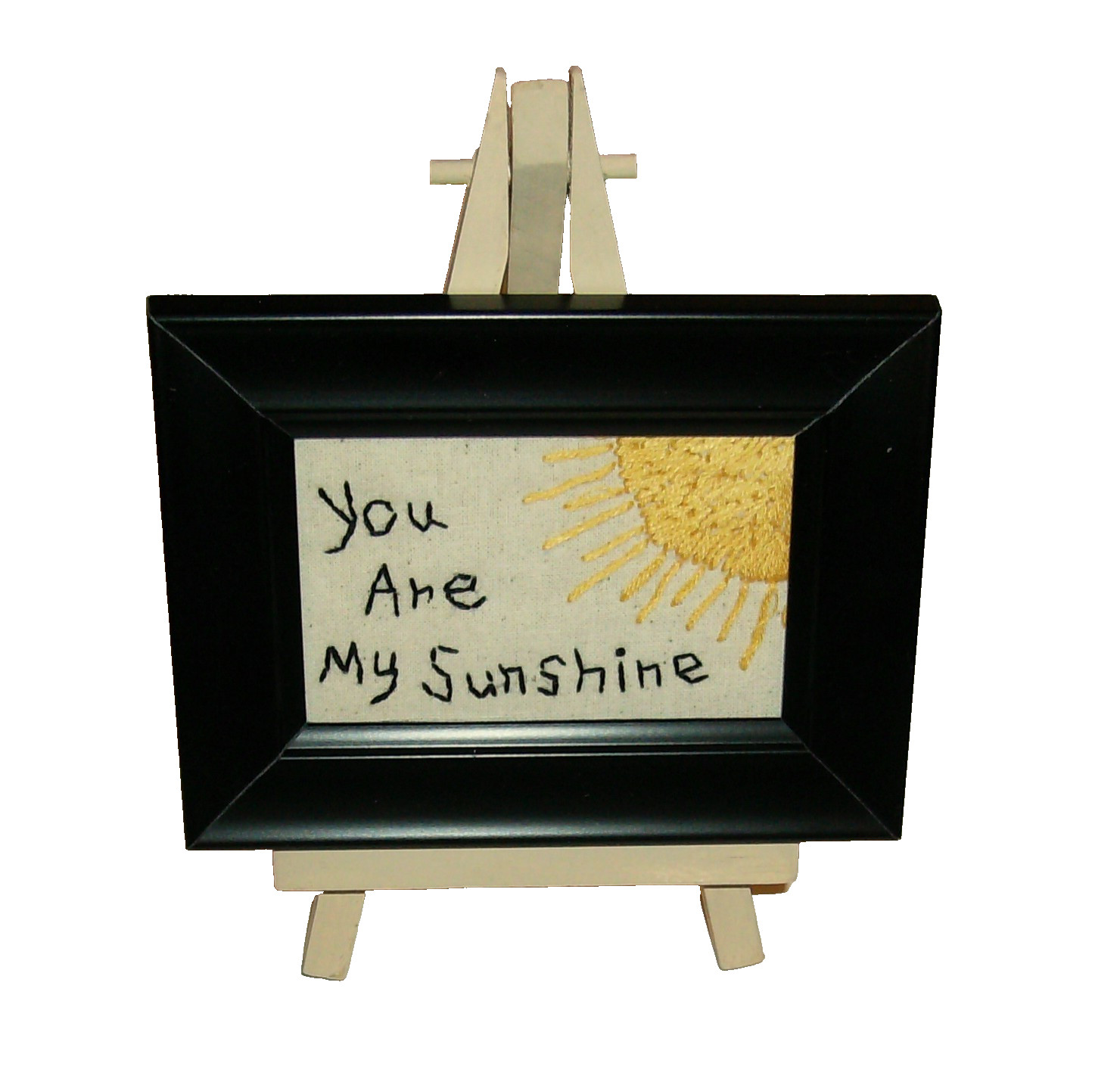 Mini stitchery embroidery "You Are My Sunshine" #B-frame w/glass-wooden easel