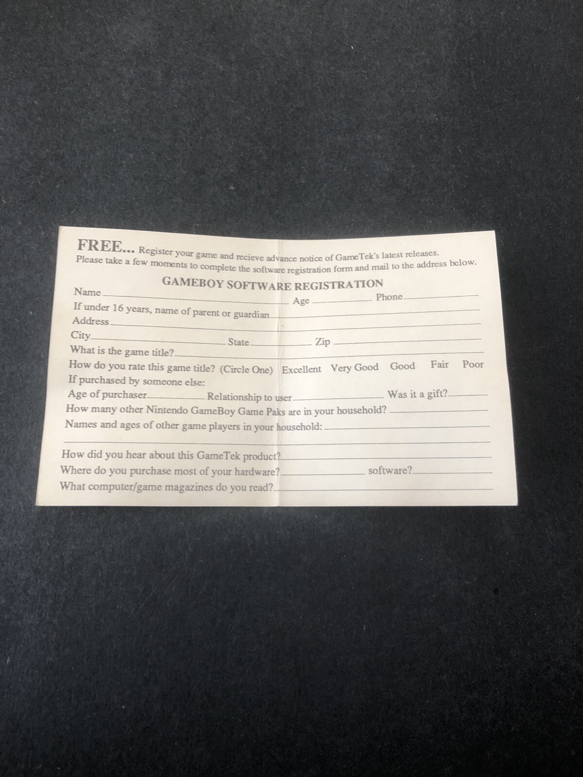 gametek Nintendo gameboy registration card Insert