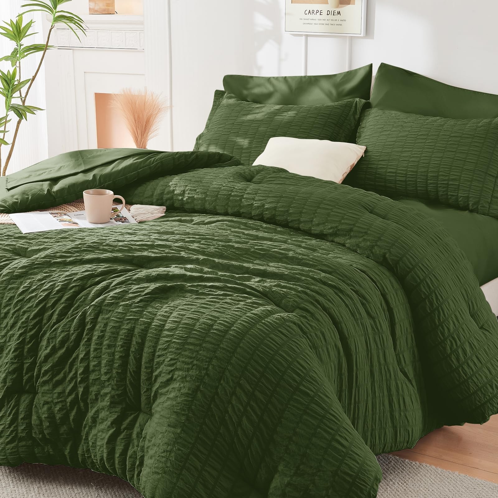 HYMOKEGE Queen Comforter Set 7 Piece Olive Green Seersucker Bedding