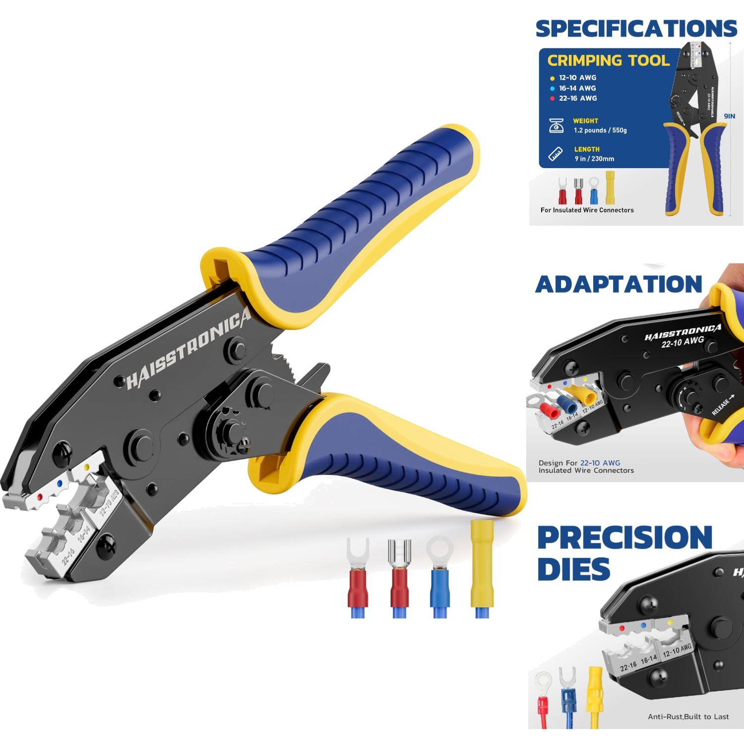 Ratchet Wire Crimping Tool Insulated Terminals AWG 22-10 Electrical Connector