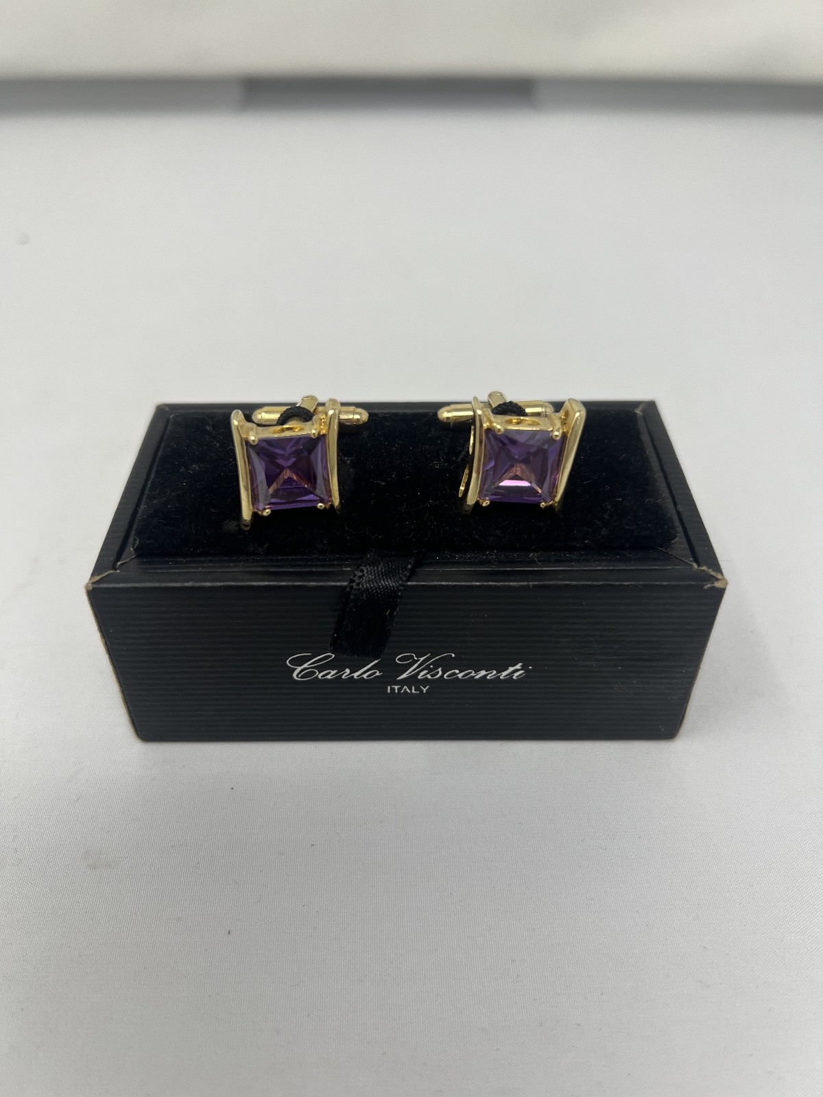 Carlo Visconti Italy Black Box Men’s Cufflinks Gold Tone Purple Stone