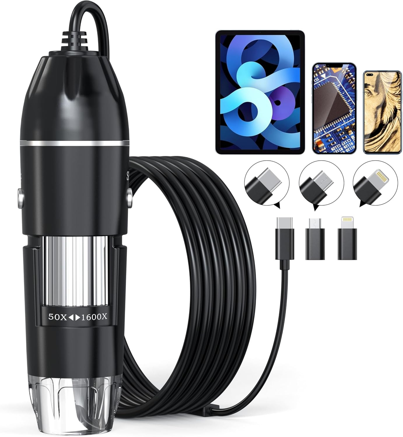USB Digital Microscope, 50X-1600X Magnification Handheld, 1920P HD 8 LED Lights,