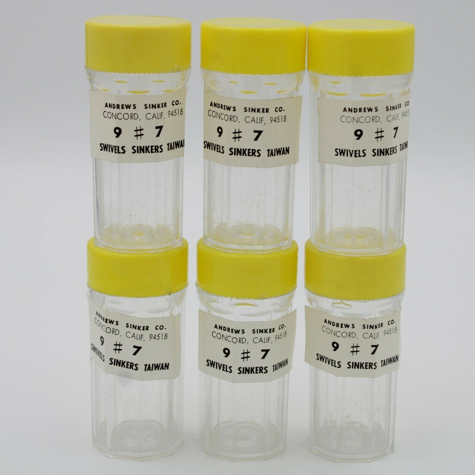 12 Small Clear Clean Unused Hexagon Plastic Bottles Yellow Lid Cap Vintage