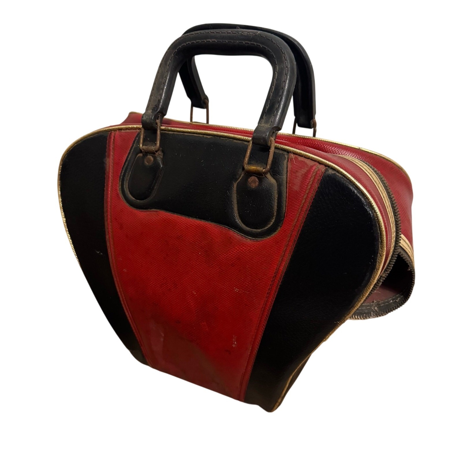 Vintage Faux Leather Bowling Ball Bag Black & Red With Handles