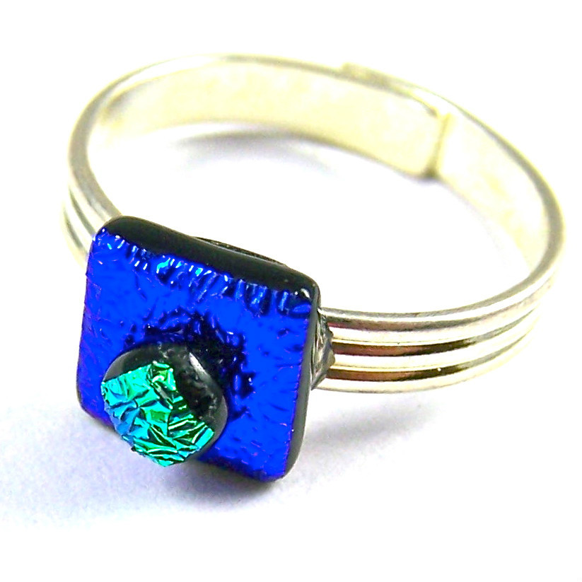 Dichroic Glass Ring Adjustable Tiny 1/4" 7mm Cobalt Blue Green Crinkle Square