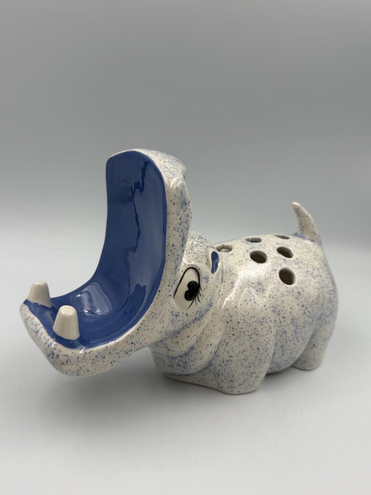 Vintage Ceramic Hippo Toothbrush Holder Blue Speckled Bathroom Organizer