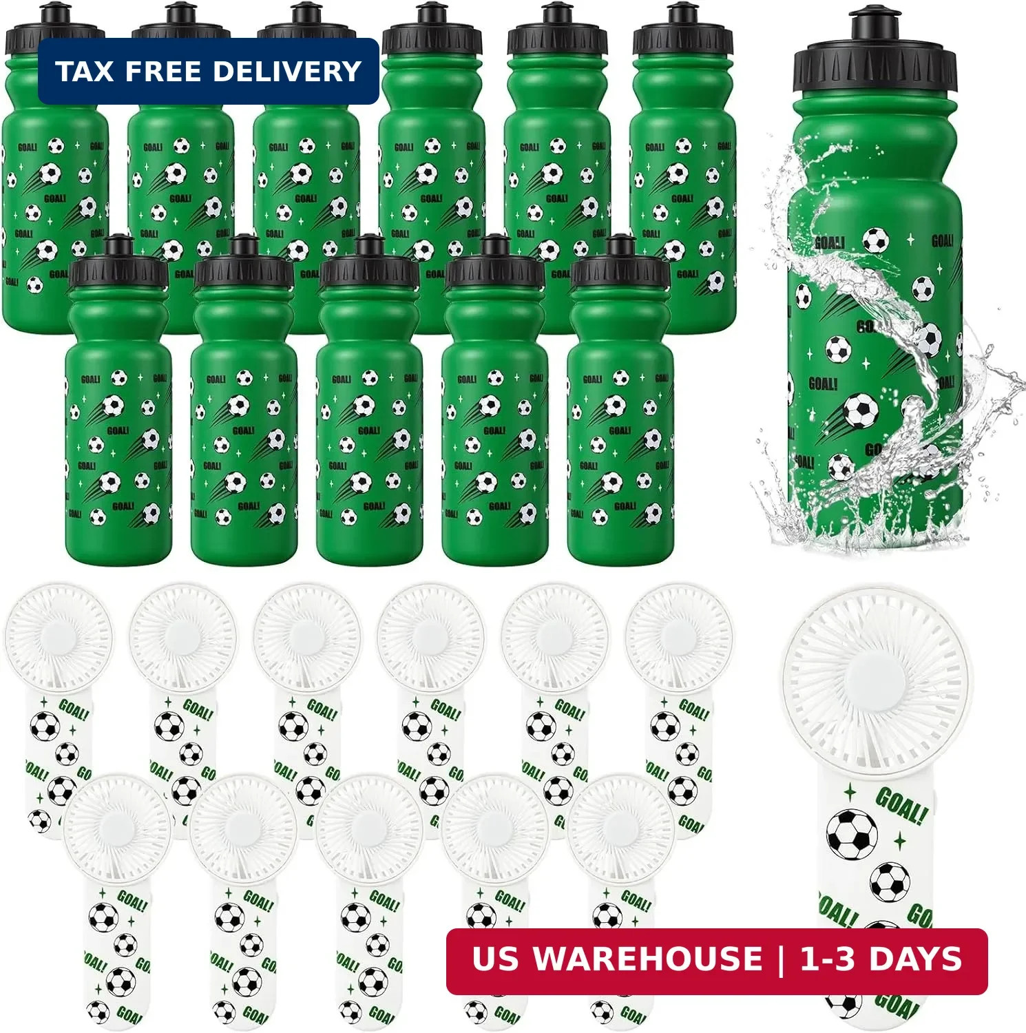 24 Pack 20 oz Soccer Water Bottle and Fan Set - Portable Sports Squeeze B