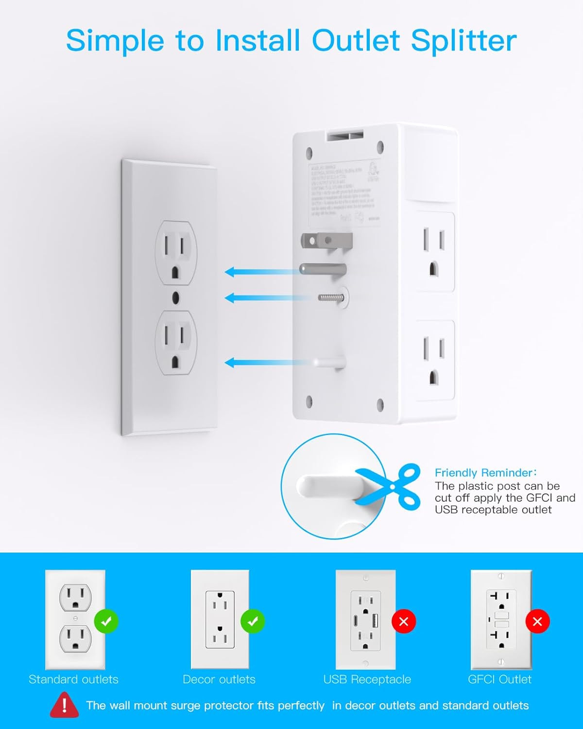 1680J 3 Side Power Strip Multi Plug Expander, Surge Protector, 5 Outlets Extende