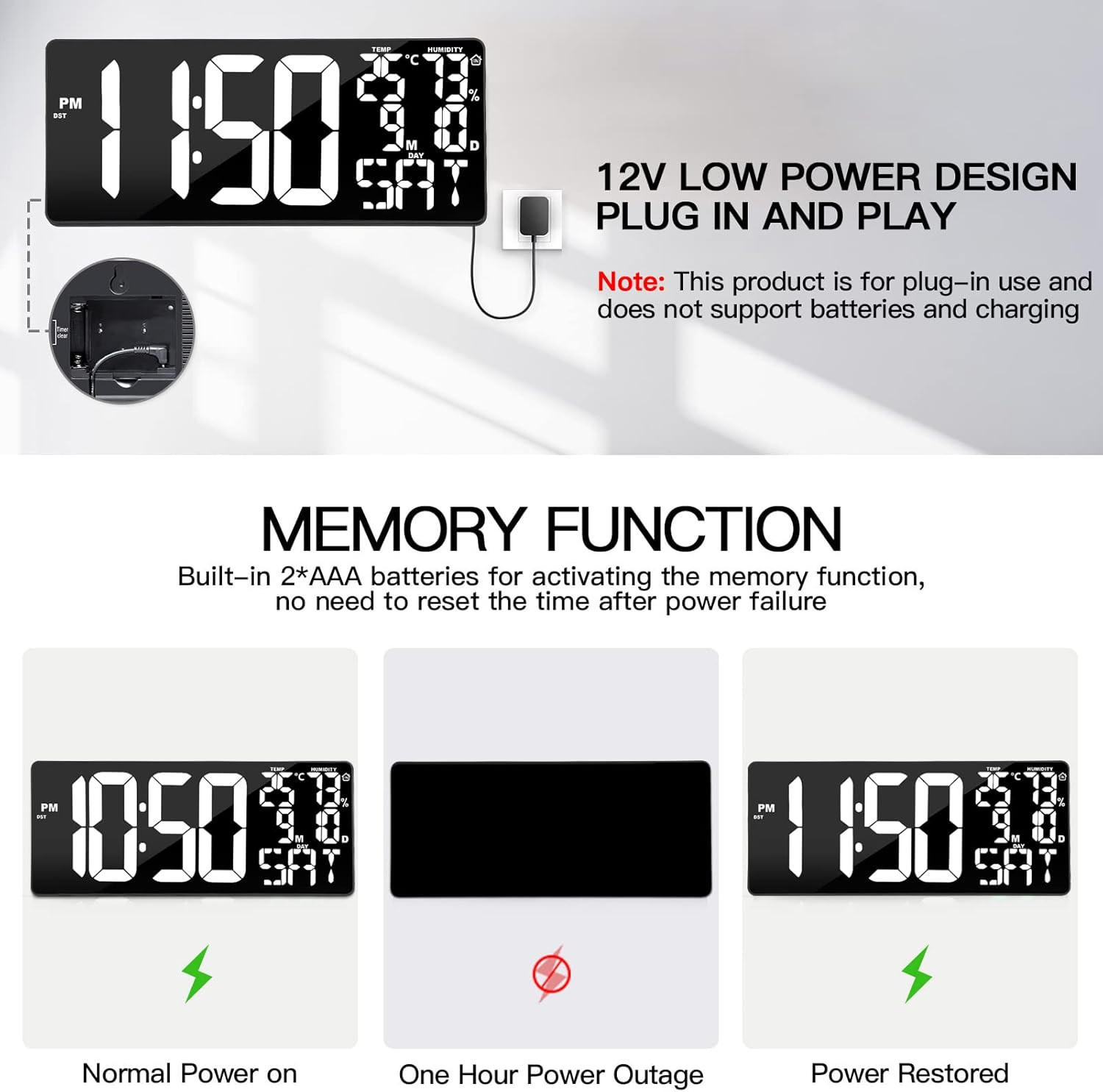 18 Inch Oversized Digital Wall Clock with Remote Control, Auto-Dimming, Temperat