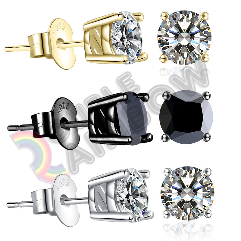 925 Sterling Silver Stud Earrings Men Women 3,4,5,6,7,8,10mm CZ Round#213
