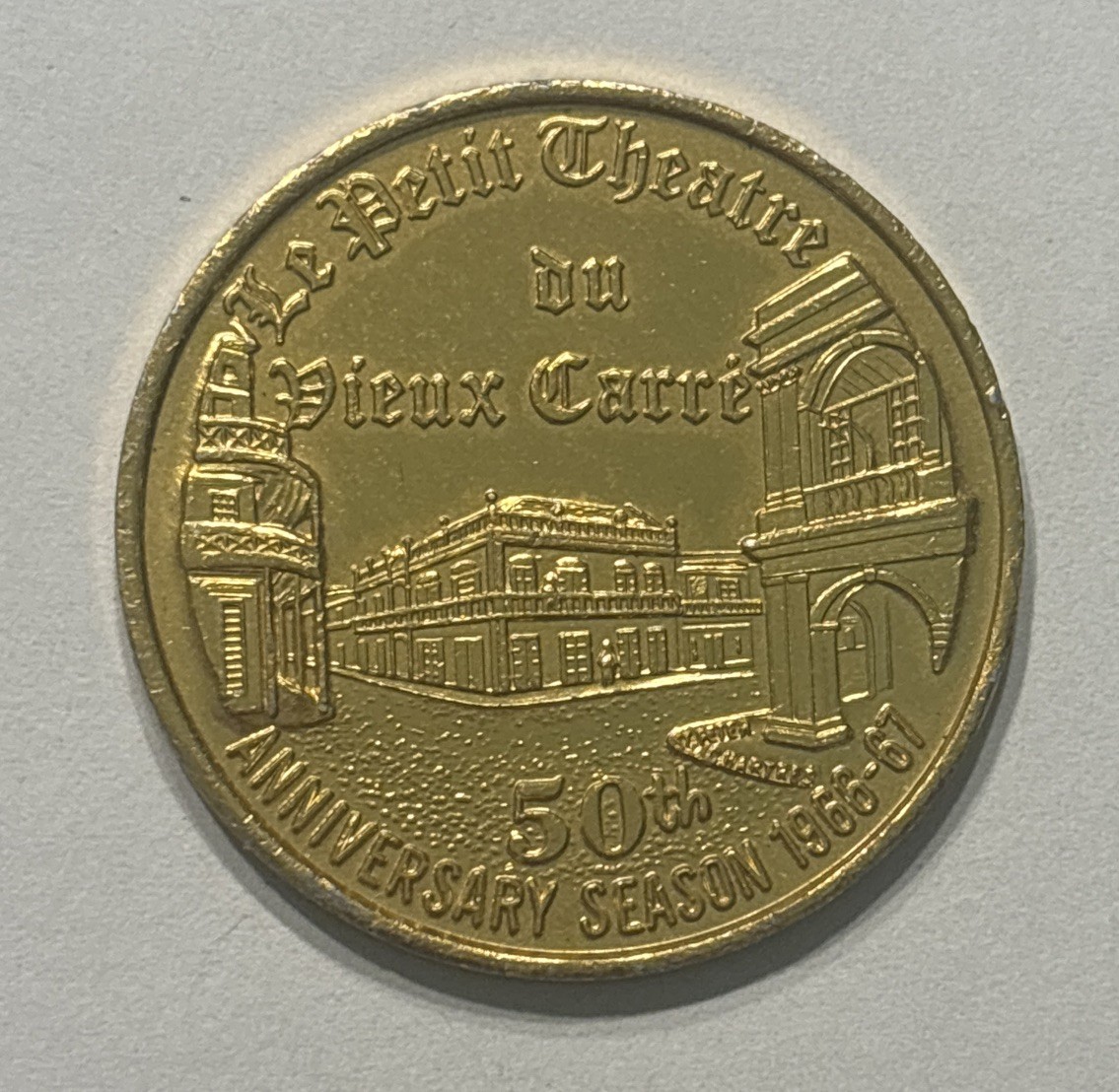 1967 Le Petite Theatre Un Vieux Carre 1.5” Aluminum Gold New Orleans Doubloon