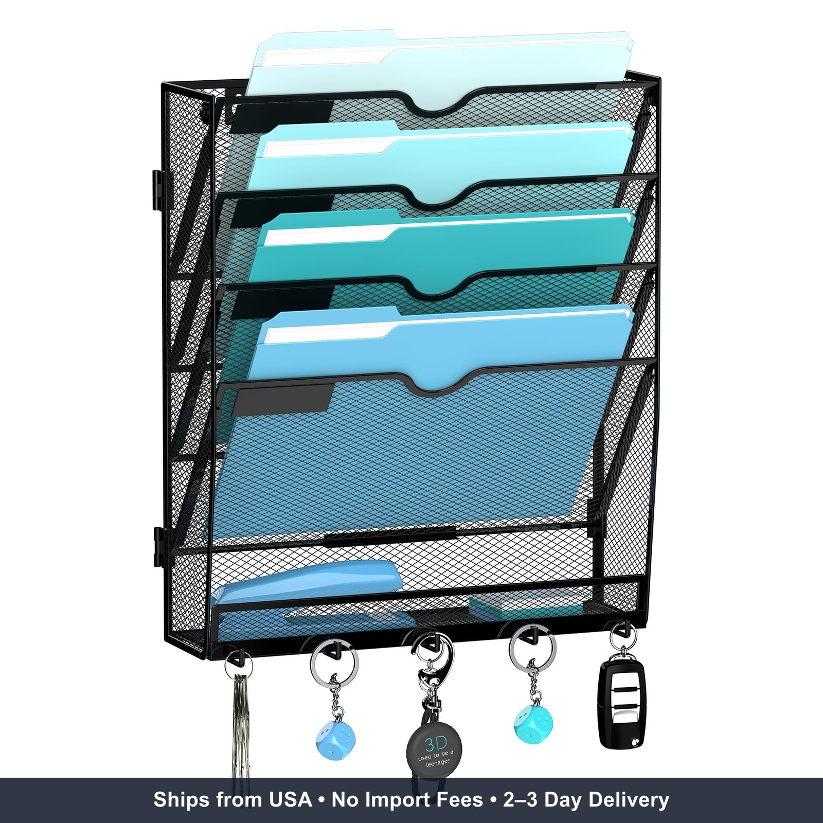 5 Tier Wall File Organizer - Hanging File Organizer with 5 Hooks, Mail Holder Wa