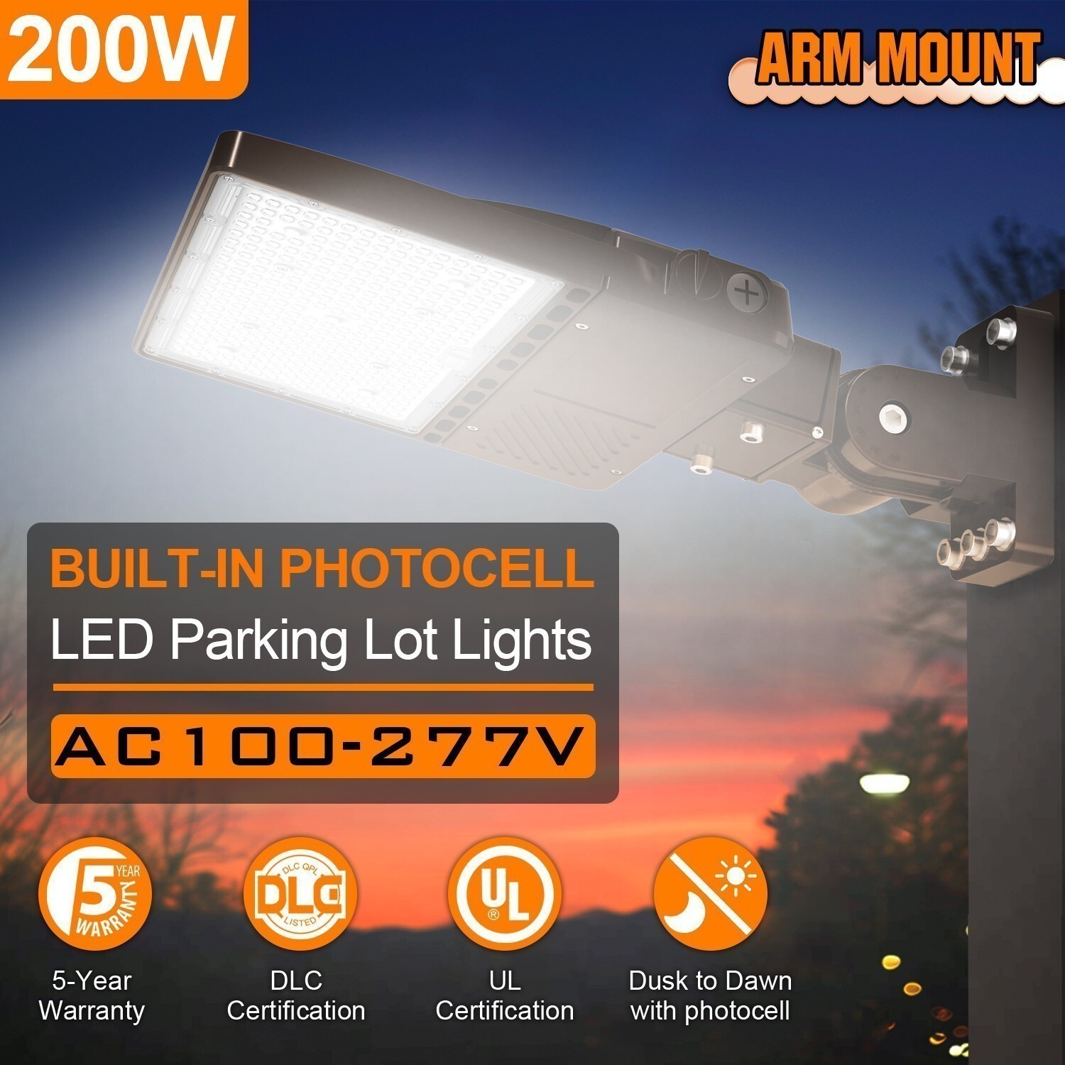 200W LED Shoebox Light Commercial Outdoor Parking Lot Street Light Dusk to Dawn