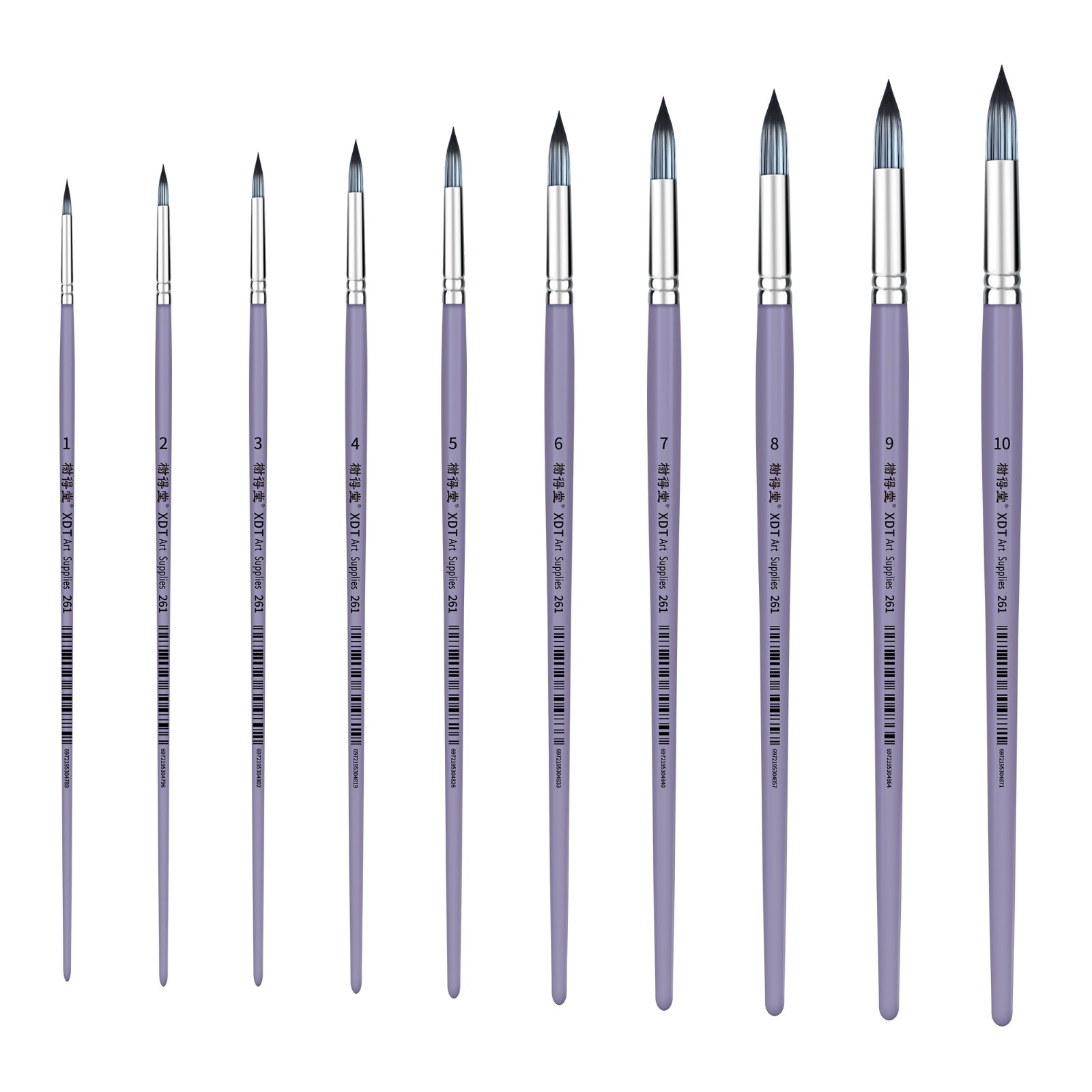 XDT#261 Round Watercolor Artist Paint Brush 10 Piece Set Medium Stiff Nylon Hair
