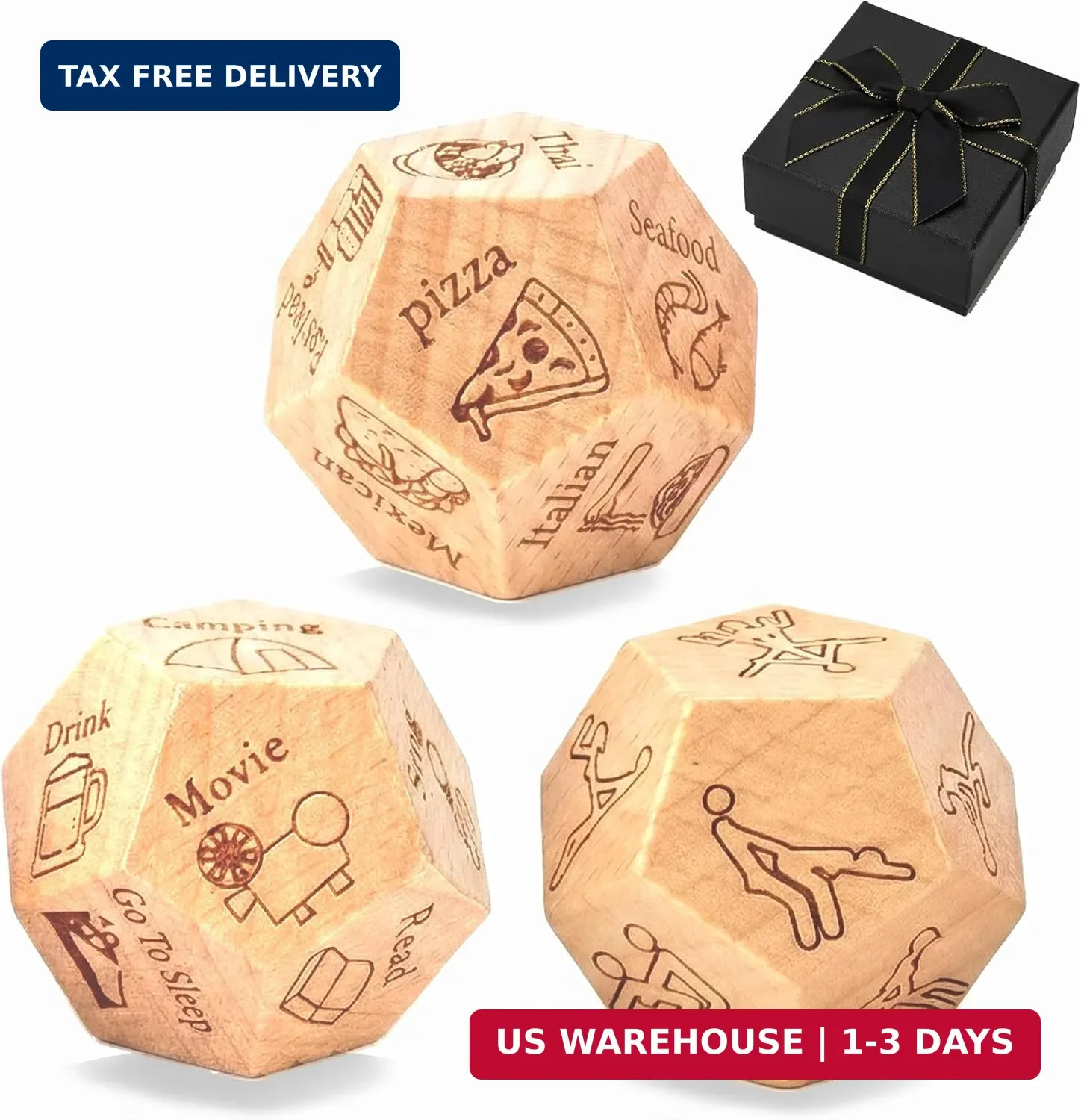 Date Night Food Decision Dice: 3 PCS Real Wood Dice Set Date Ideas for Couples,D