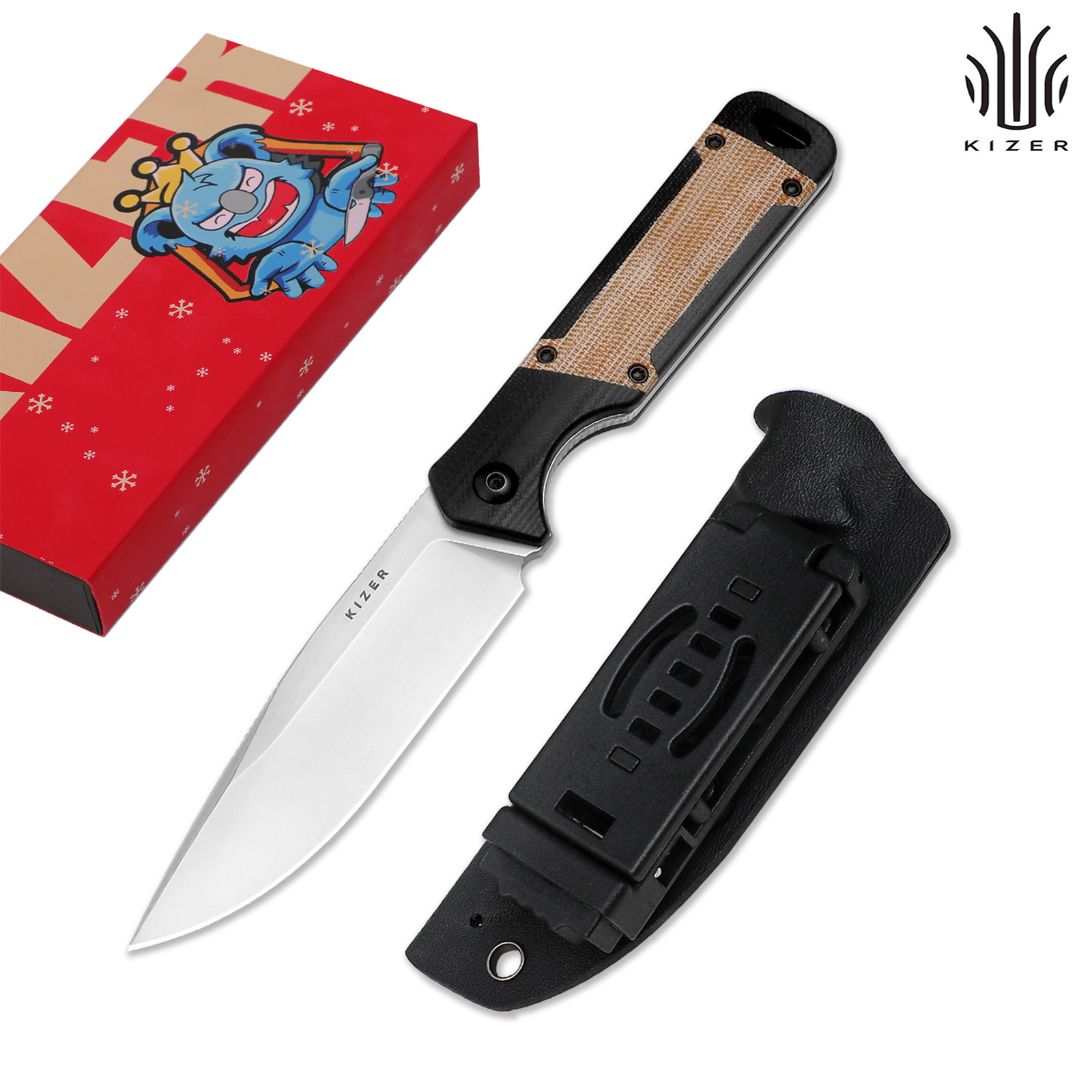 Kizer Militaw Drop Point Fixed Knife Nitro-V Blade G10+Micarta Handle+Sheath