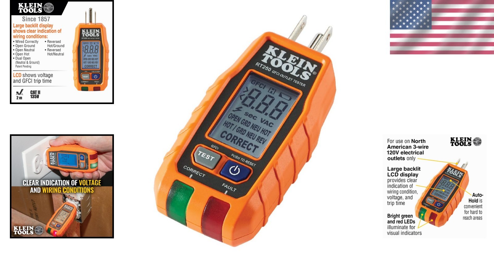 Klein Tools GFCI Receptacle Tester with Backlit LCD & Auto-Hold Function - 120V