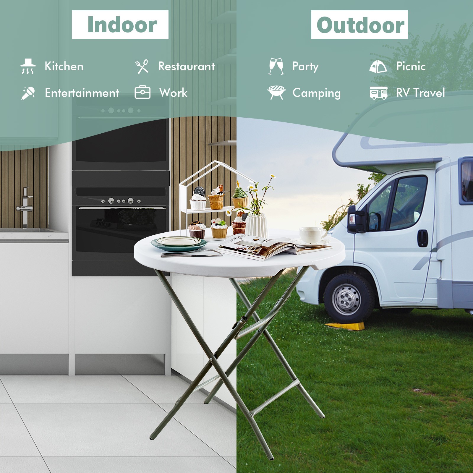 32" Round Folding Table Portable & Lightweight Table for Indoor & Outdoor Use
