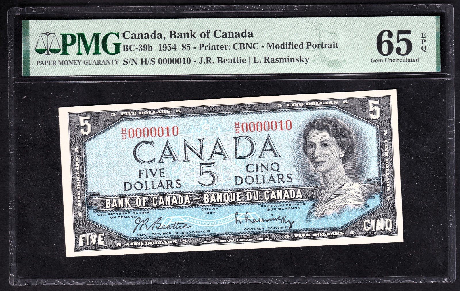 Canada 1956 $5 Five Dollar Banknote Beattie-Rasminsky PMG Gem UNC 65 EPQ Low S/N