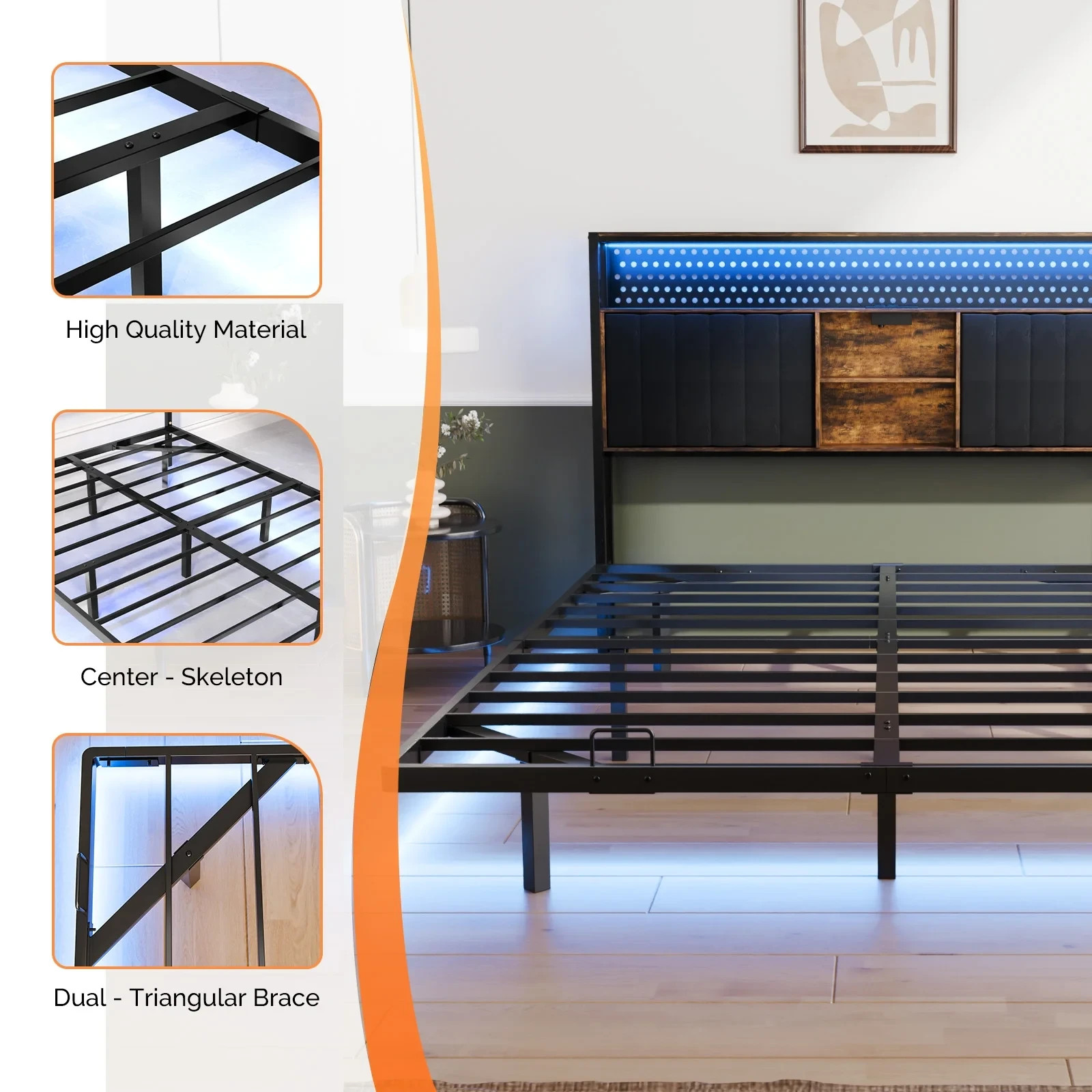 QUEEN SIZE Floating Platform Bed Frame With Charging Station Storage Headboard