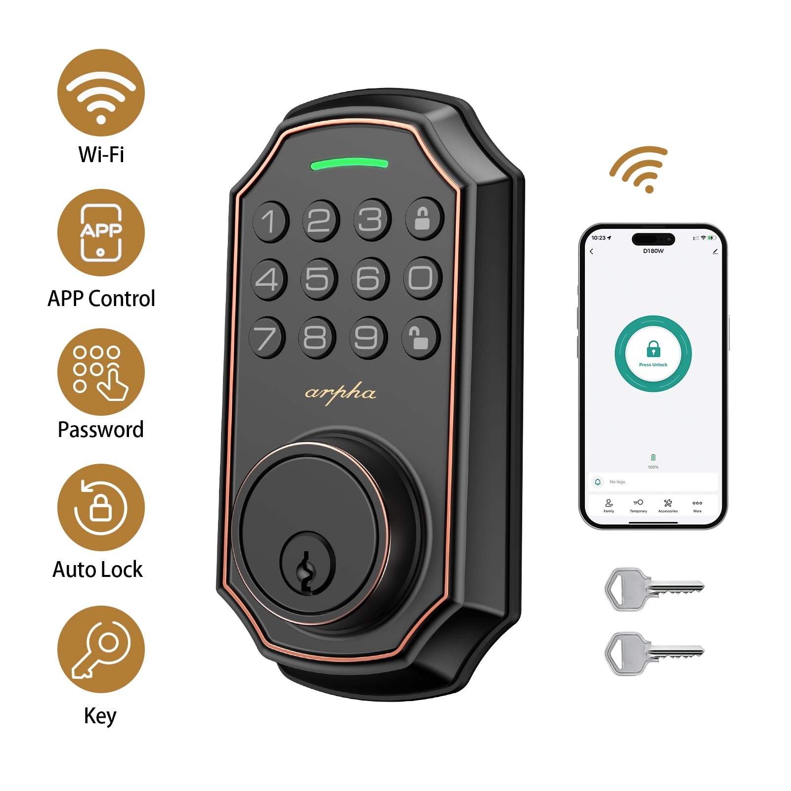 Arpha Smart Keyless Door Lock WiFi Deadbolt Alexa Google App Auto Lock System