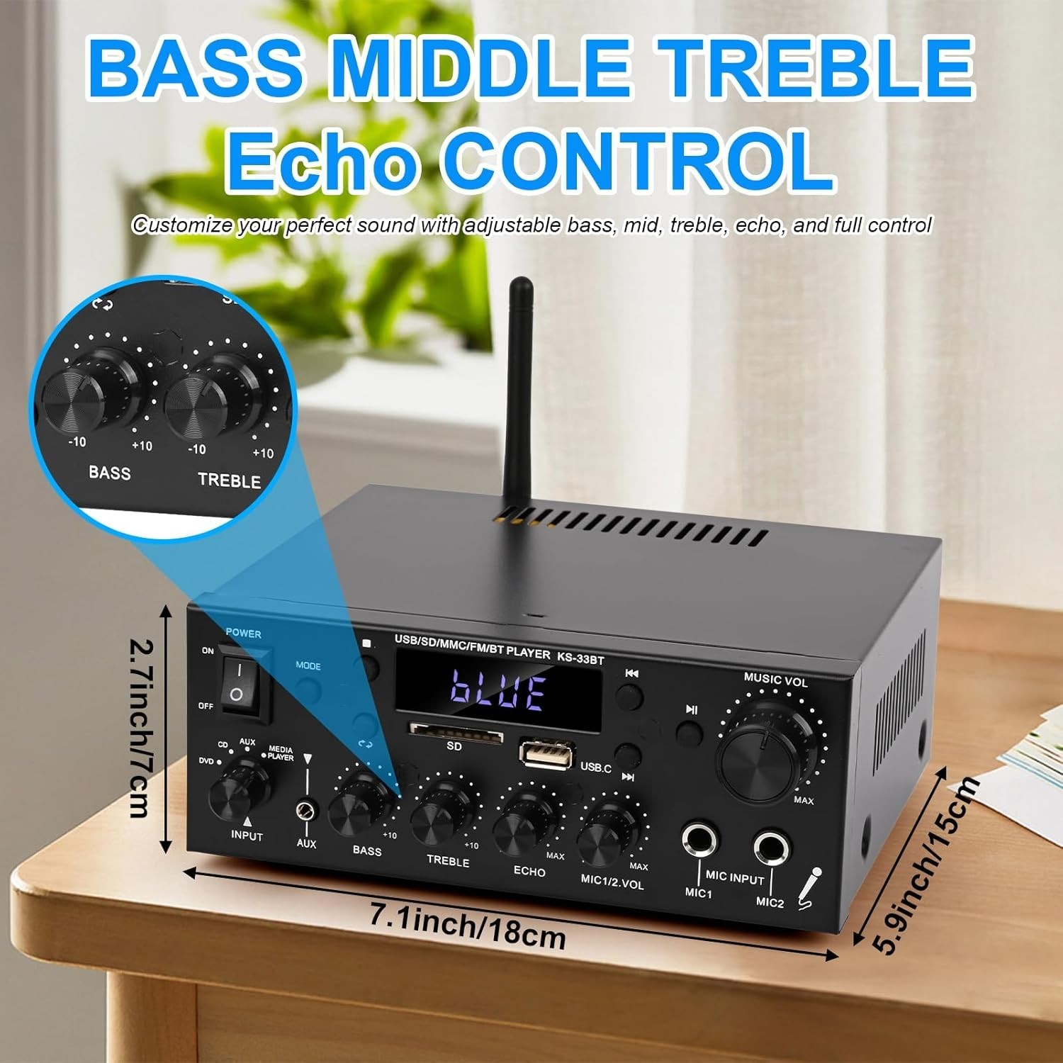 Compact 500W Audio Amplifier with Bluetooth