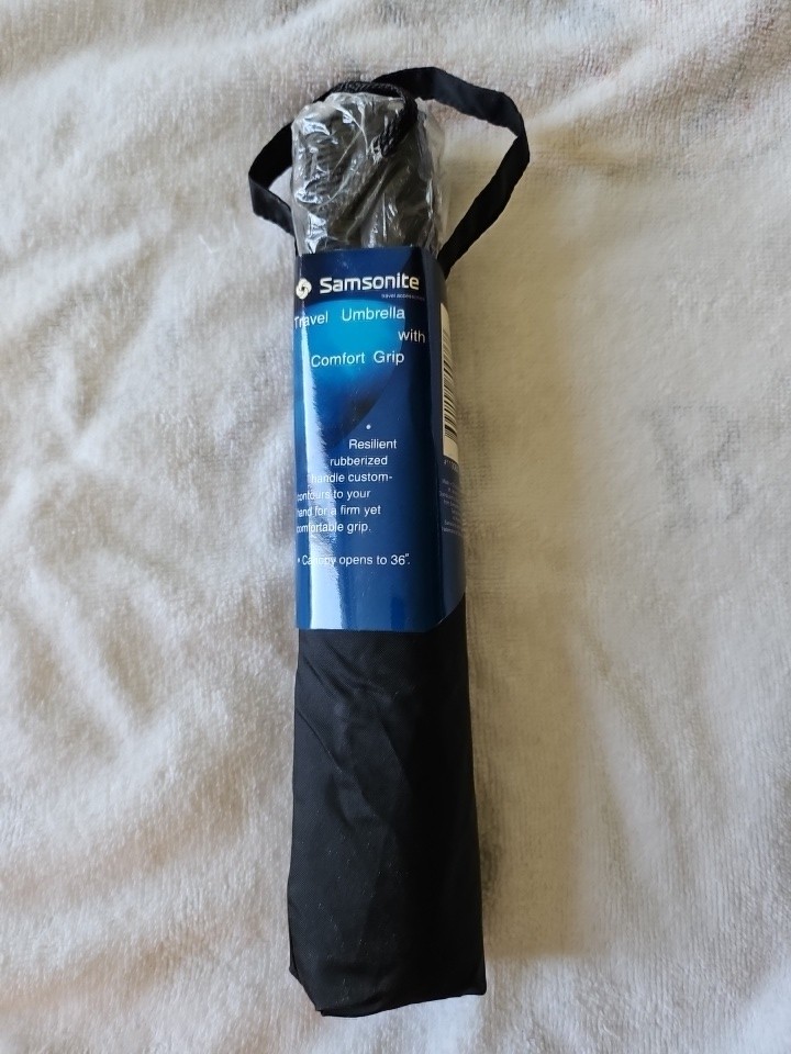 VTG NEW! Samsonite Black Travel Umbrella W/ Comfort Grip 36” Canopy