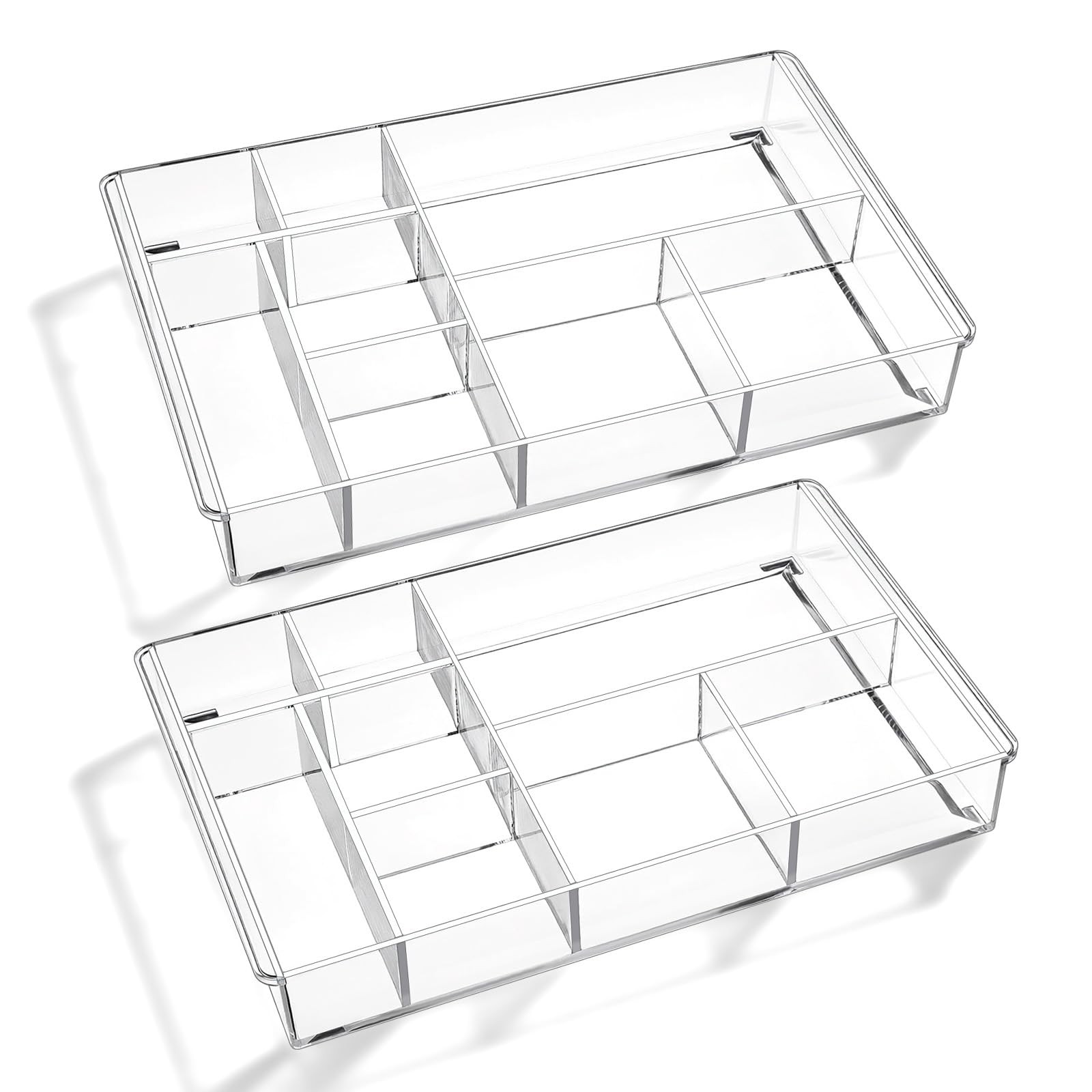2Pcs 8-Section Clear Drawer Organizer, 13.7" x 8.7" x 2" Large Acrylic Drawer...