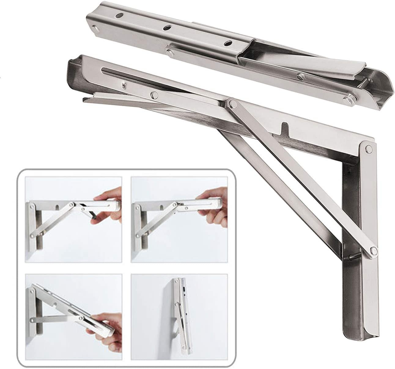CLT 14'' Folding Shelf Brackets Max. Load 440 Lb, Heavy Duty Stainless Steel DIY