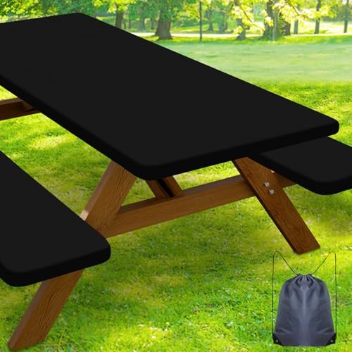 Picnic Table Cover with Bench Covers, Waterproof Elastic 30" x 72" Black