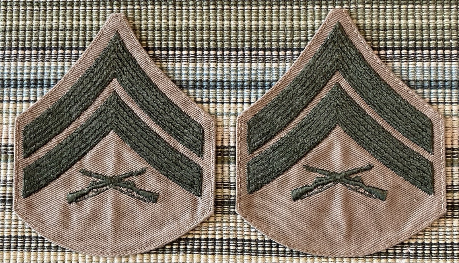 One Pair of USMC Chevrons Corporal green on khaki Marine Corps Cpl
