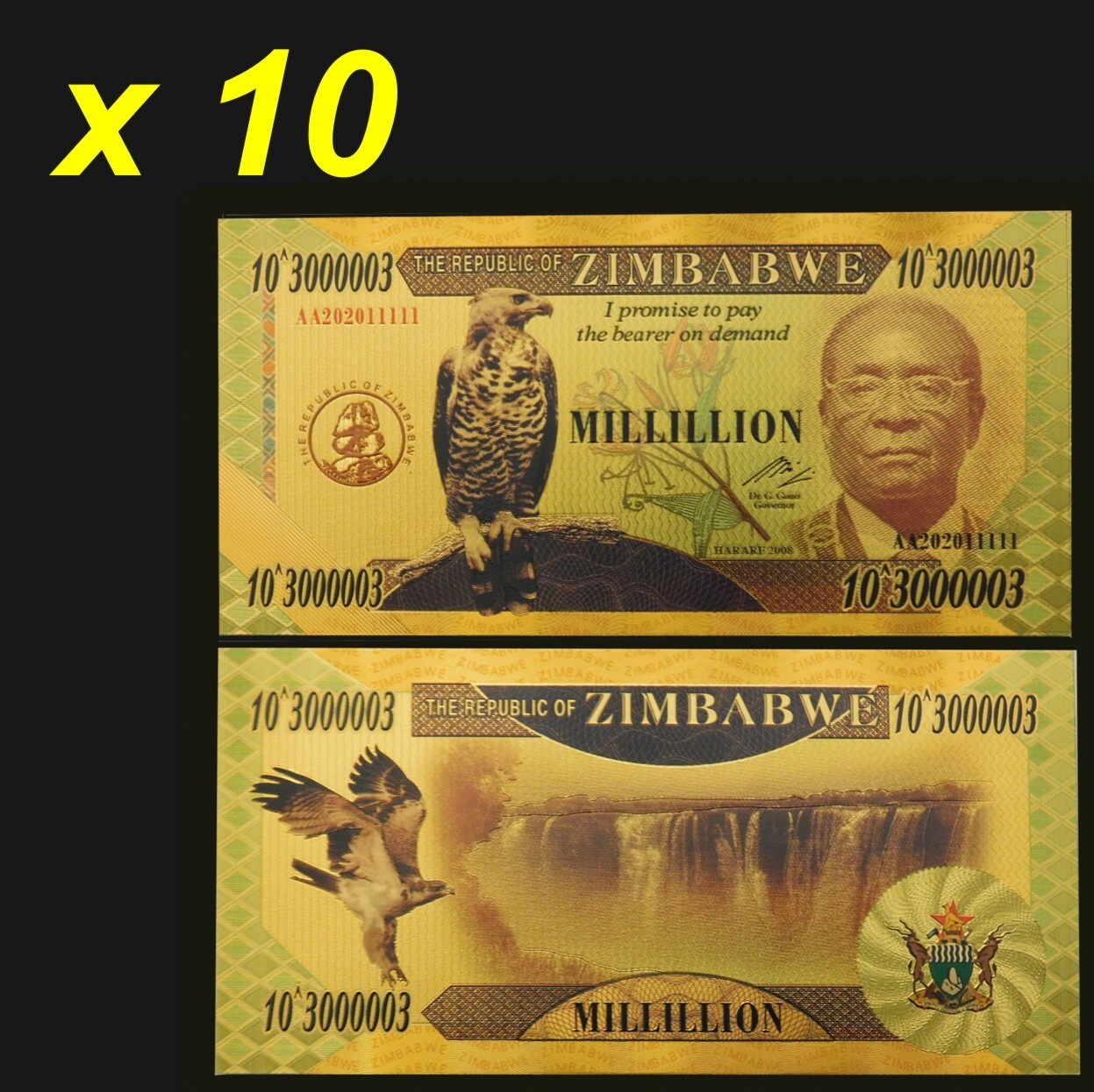 Zimbabwe 1 Millillion 10 Pieces Lot Gold Foil Banknotes African Eagle