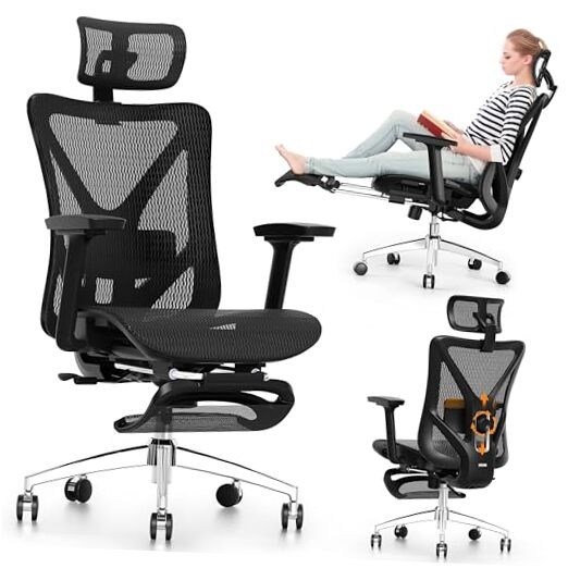 Ergonomic Office Chair with Footrest, 135° Onyx Black high back with footrest