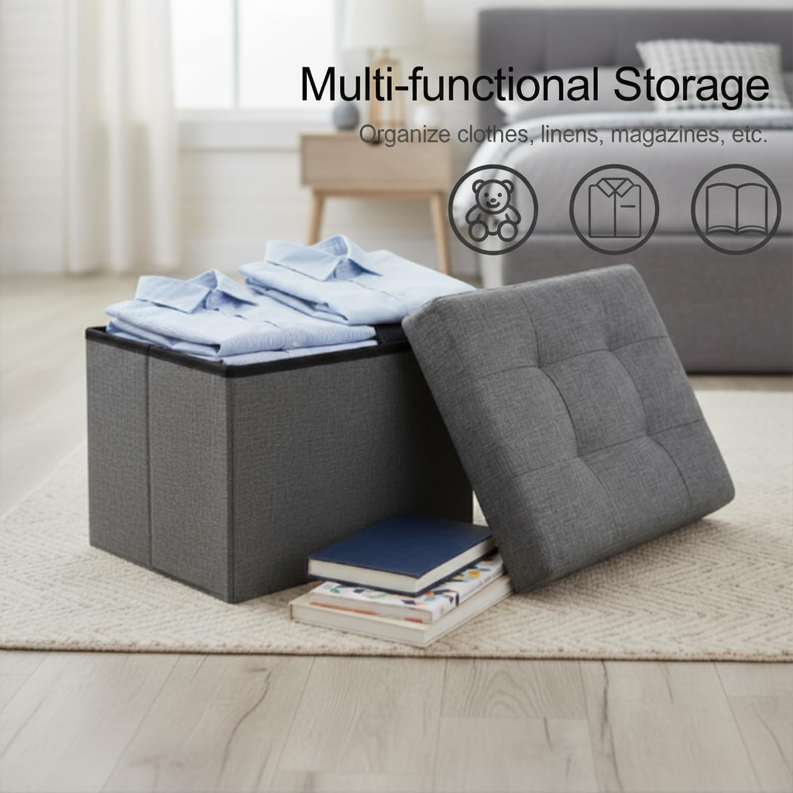 Storage Ottoman,Folding Ottomans with Storage,Linen Ottoman Foot Rest with Po...