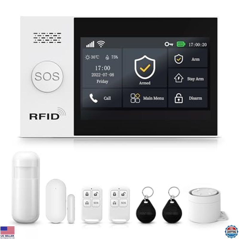 Home Security Alarm System, 4G/WiFi, 4.3" Touch Screen, 8-Piece Kit, Alexa