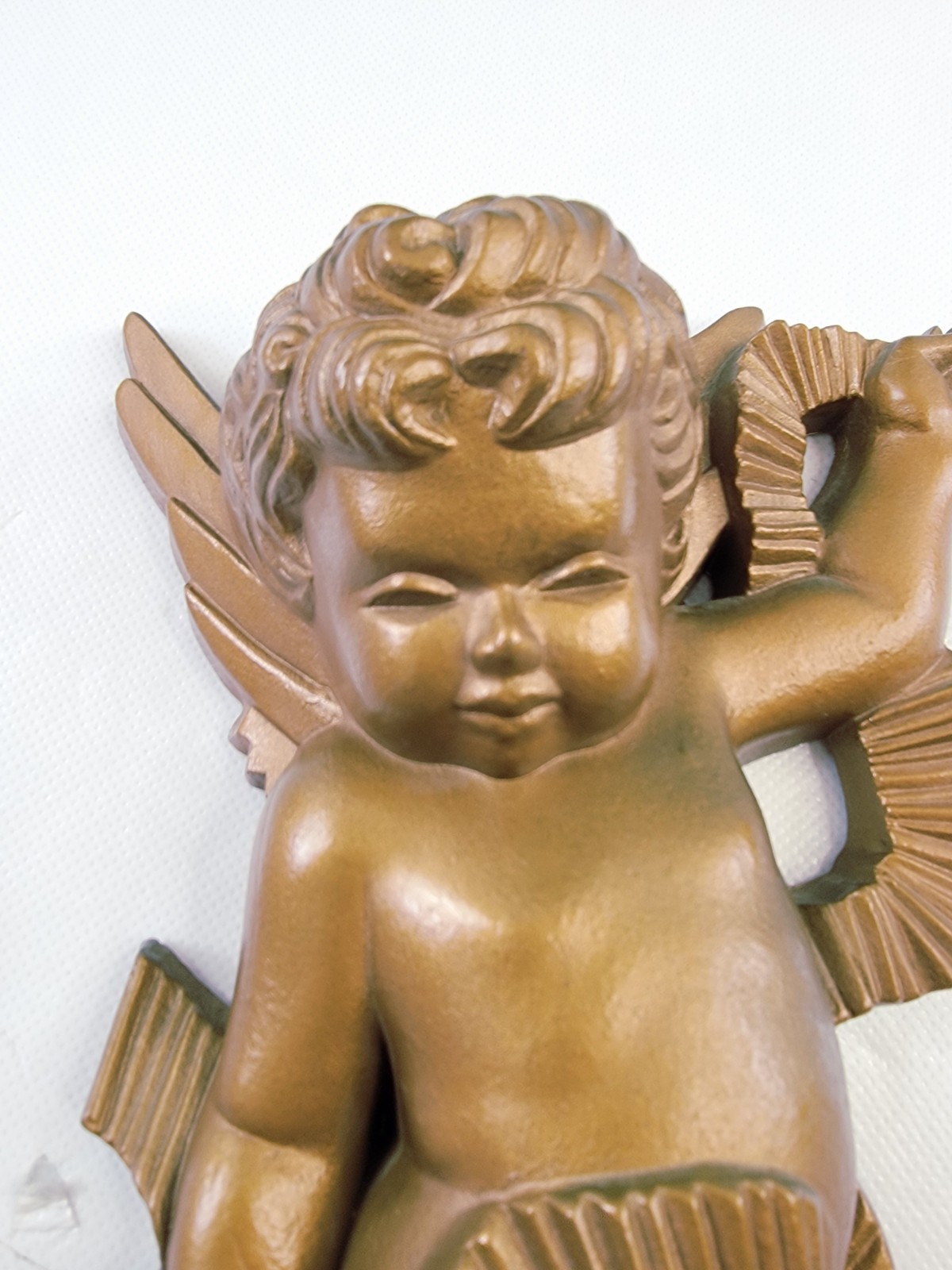 1980 Burwood New Haven #2481 21" Ornate Gold Hanging Wall Clock & 2 1970 Cherubs