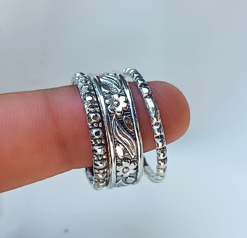 Stacking Ring Set Floral 925 Sterling Silver Band & Statement Handmade All Size