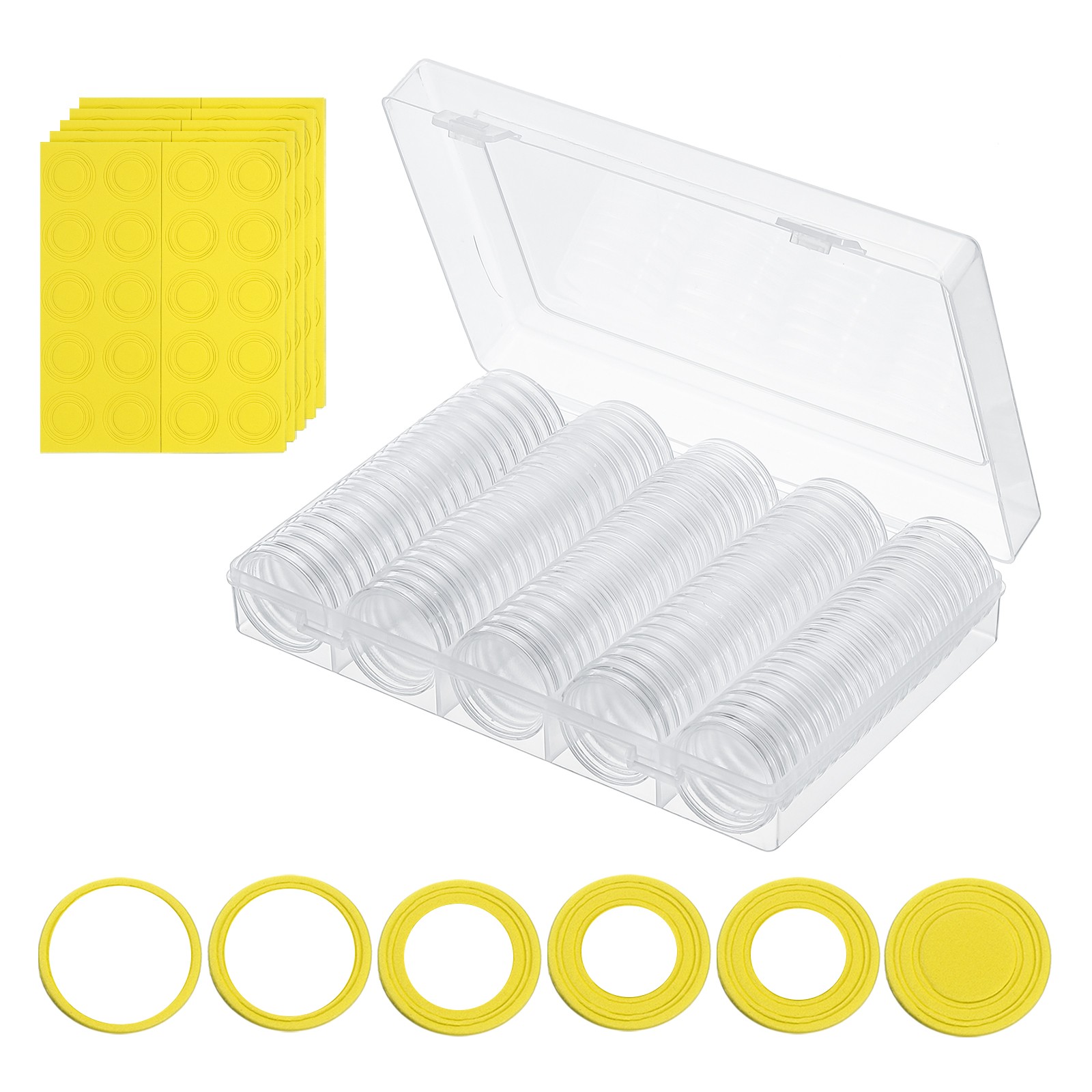 100 Piece Coin Holder with Organizer Box for 17/20/25/27/30mm, Yellow