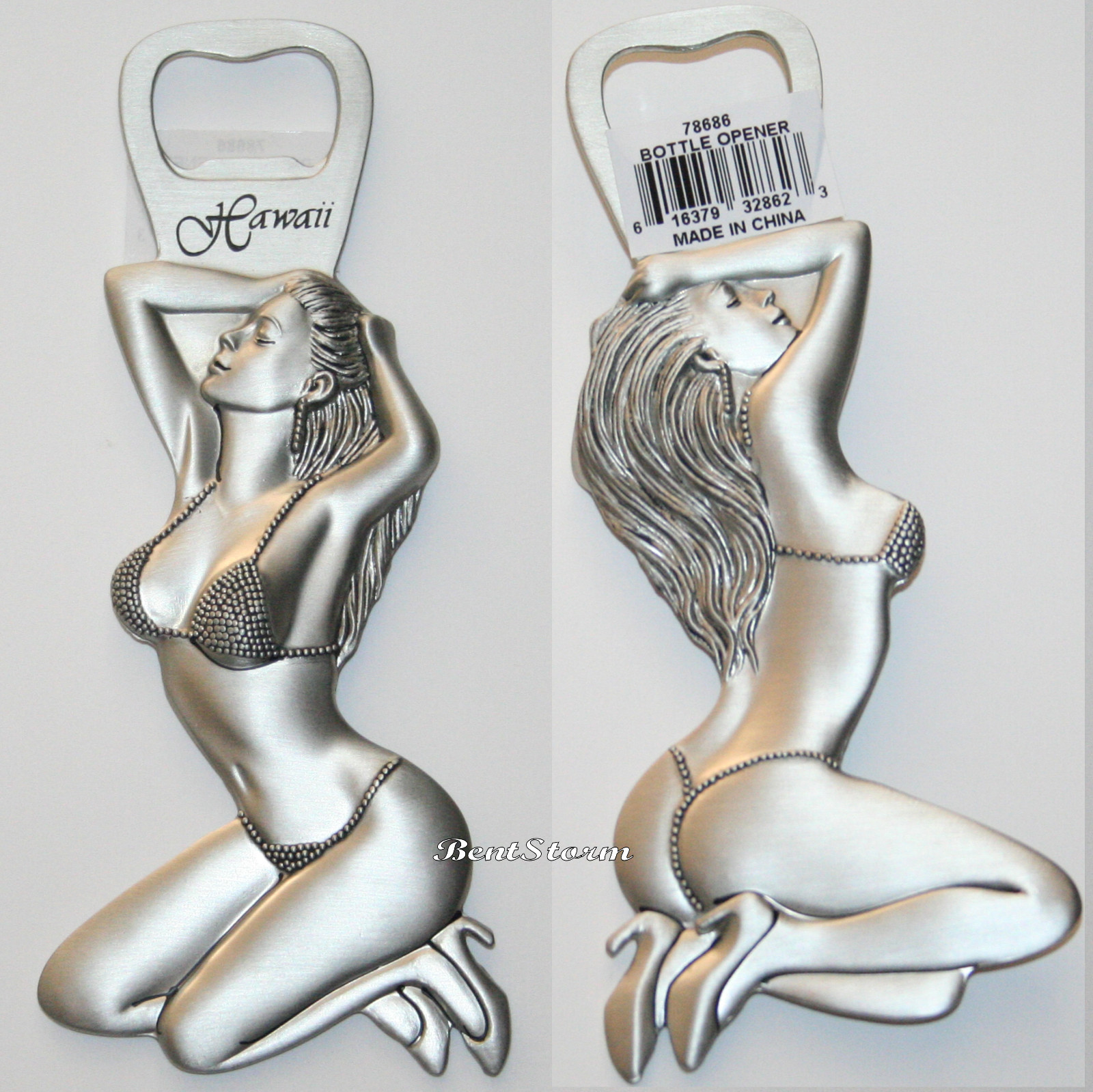 HAWAII Sexy Beaded Bikini Lady Kneels Metal soda beer liquor bottle opener bar
