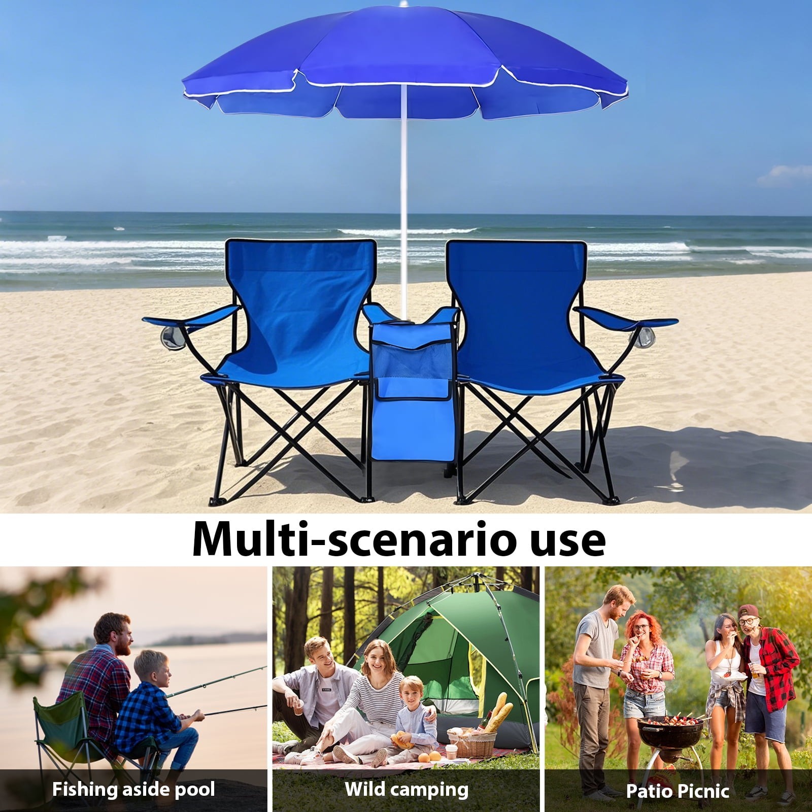 Portable Folding Picnic Double Chair With Removable Umbrella Blue