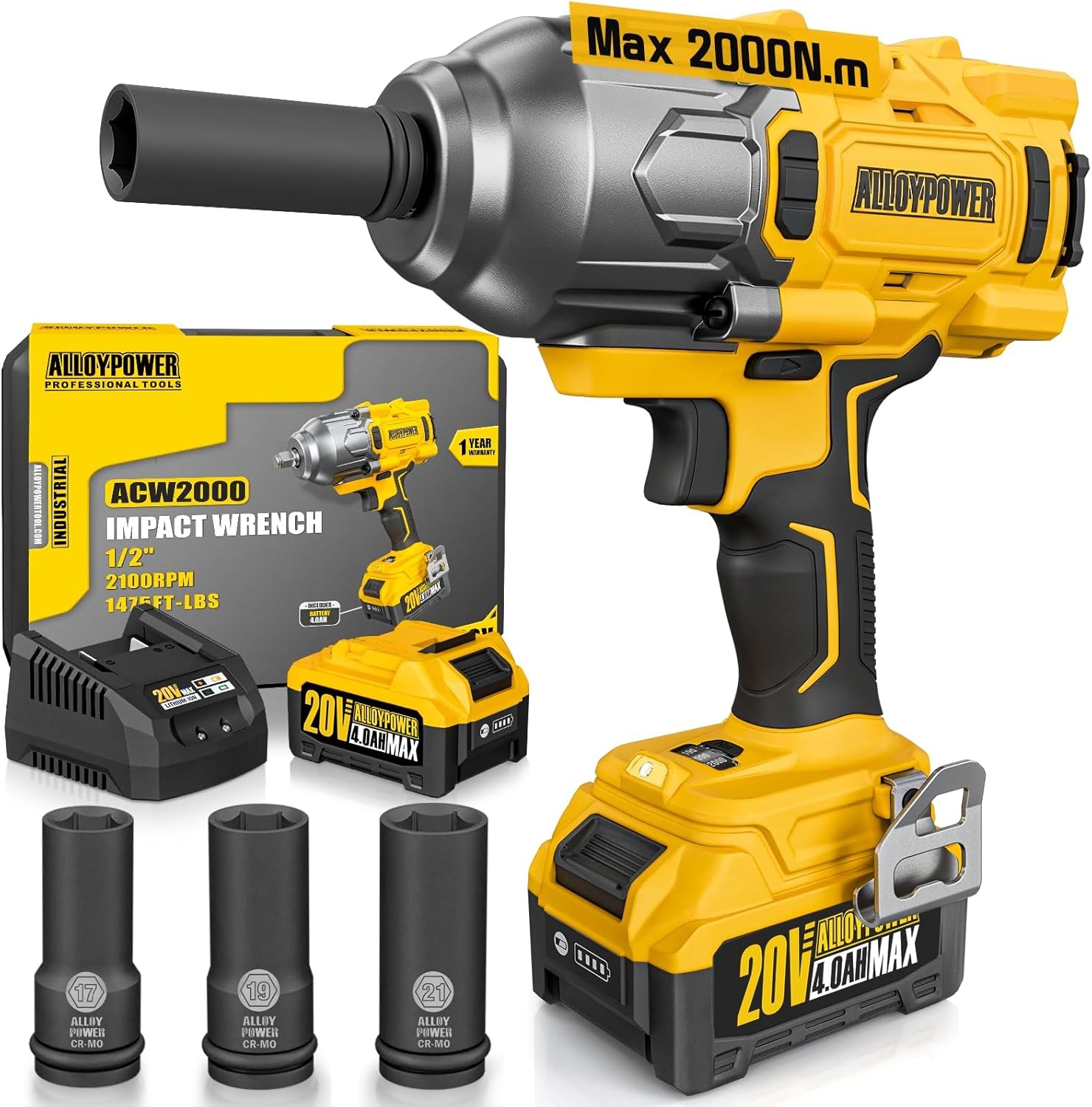 Cordless Brushless Impact Wrench, 1475 ft-lbs (2000N.m), 1/2 High Torque power